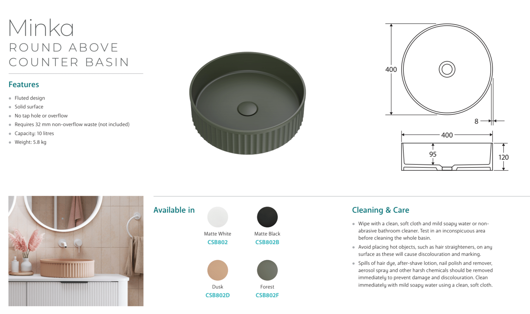 Fienza CSB802B Minka Round Solid Surface Above Counter Bathroom Sink, Matte Black - Modern Vanity Basin for Bathroom, Powder Room, and Guest Washroom