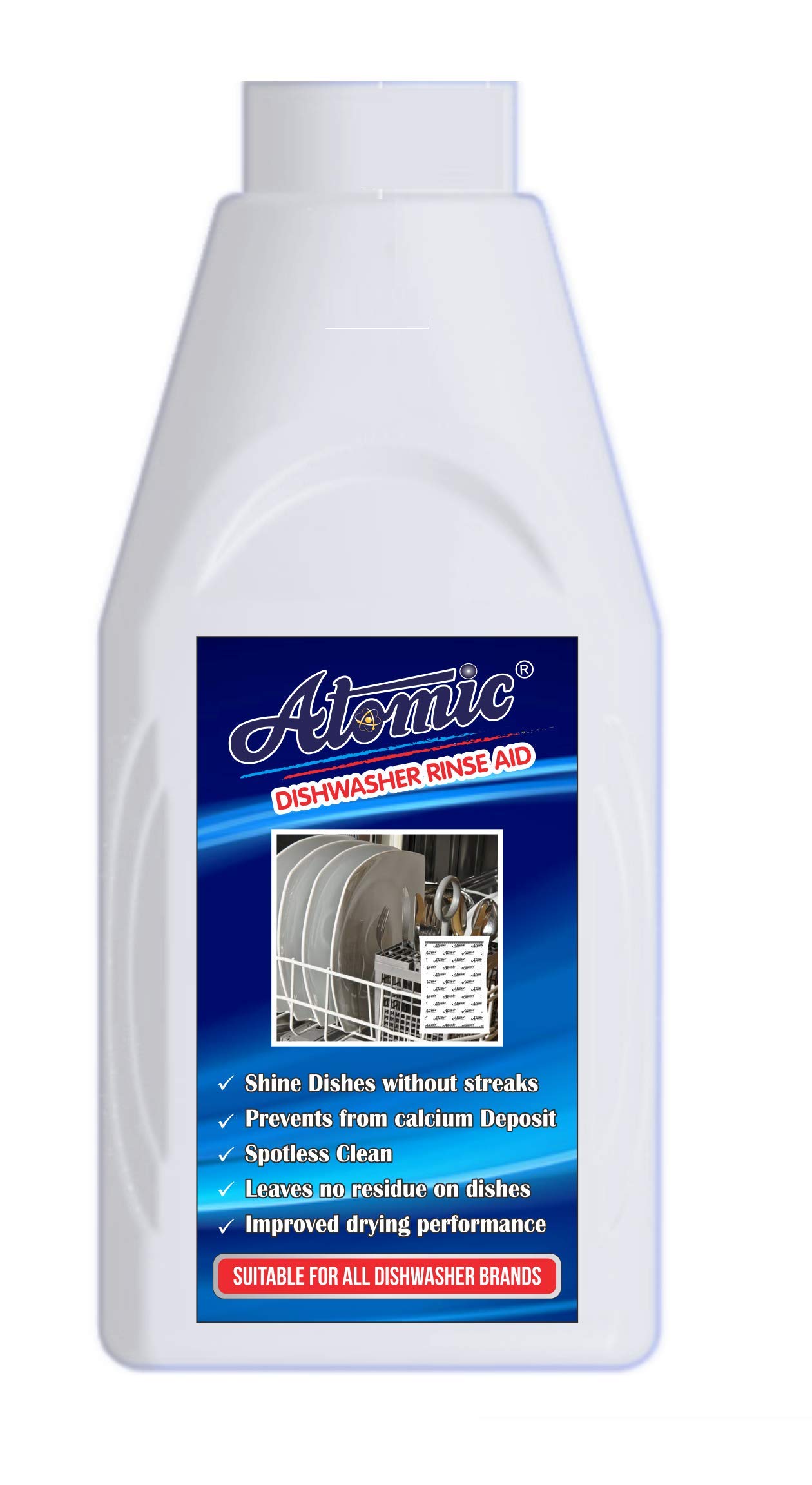Atomic Dishwasher Rinse Aid Liquid 400ml - Lemon Fresh Formula for Sparkling Clean & Streak-Free Dishes | Prevents Water Spots & Enhances Drying | Ideal for Glassware, Silverware & Everyday Dishware