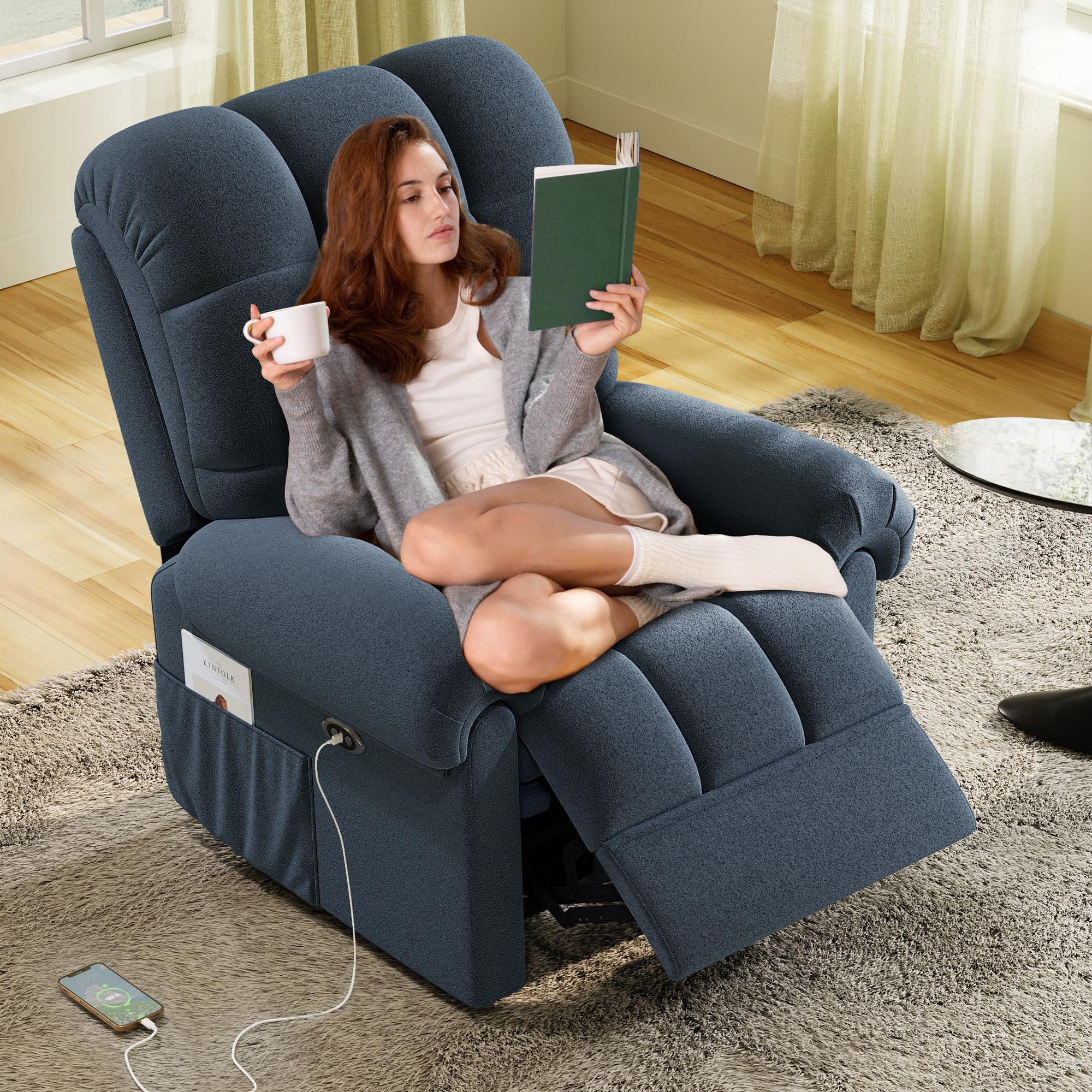 Electric Power Recliner Chair for Adults - Adjustable Reclining Sofa with USB Charging Port | Ultra Soft Teddy Fleece Fabric | Easy Tool-Free Assembly | Blue Gray Living Room Recliner for Relaxing, Watching TV & Napping