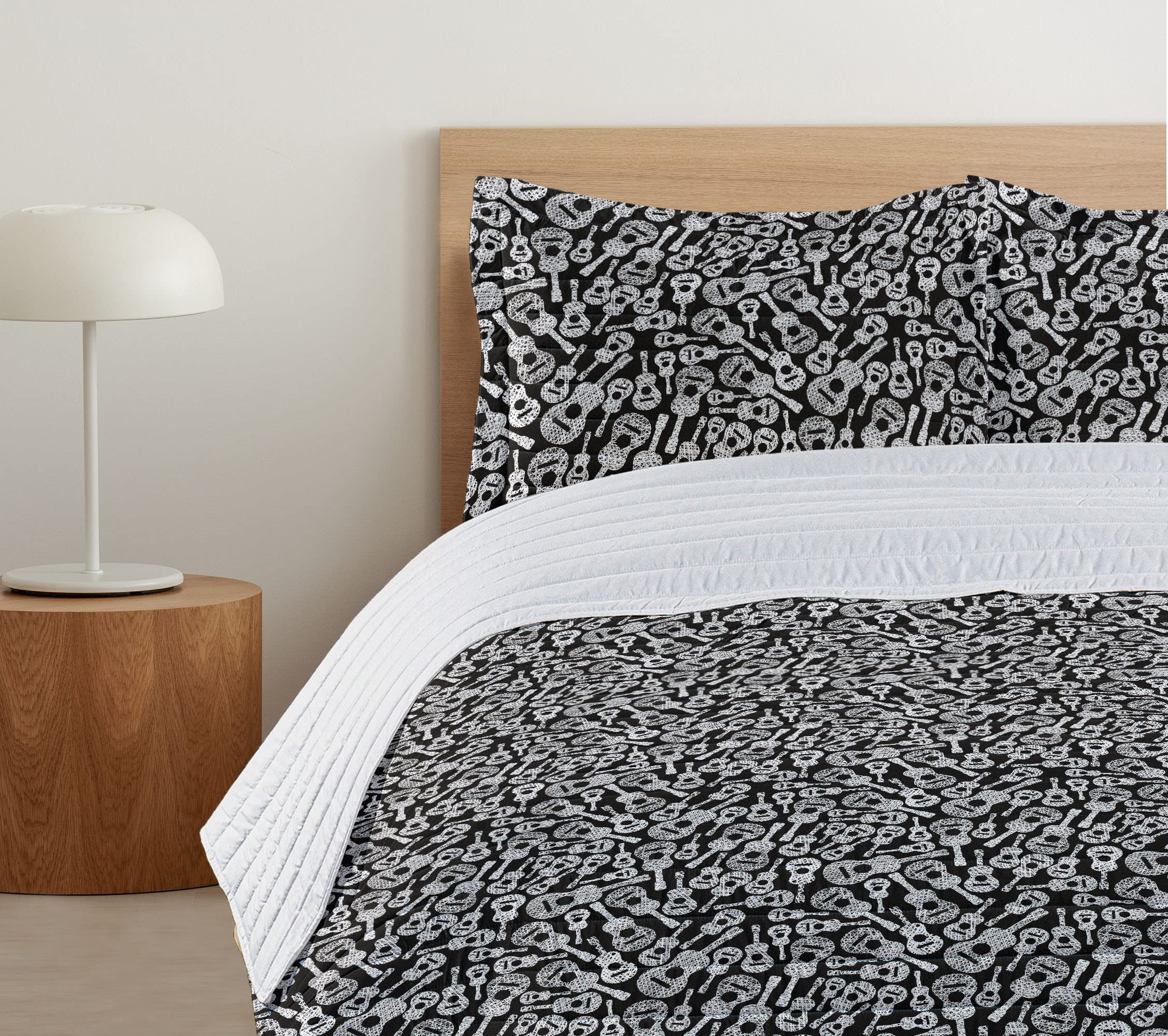 Ambesonne Black and White Microfiber Bedspread Set - Abstract Guitar Design with Grunge Effect, Soft King Size Comforter with Pillow Shams | Music Lover Bedroom Decor, Cozy Modern Bedding for Guest Rooms & Master Suites