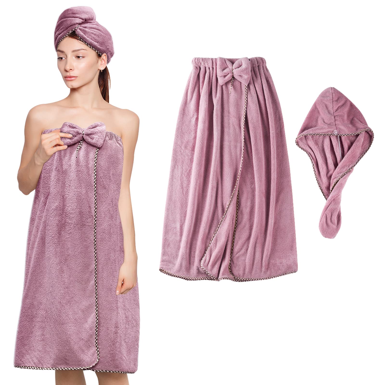 Women's Microfiber Bath Towel Wrap - Adjustable Soft Body Wrap Dress with Hair Towel for Shower, Spa & Beach | Super Absorbent Quick-Drying Hair & Body Cover | Purple