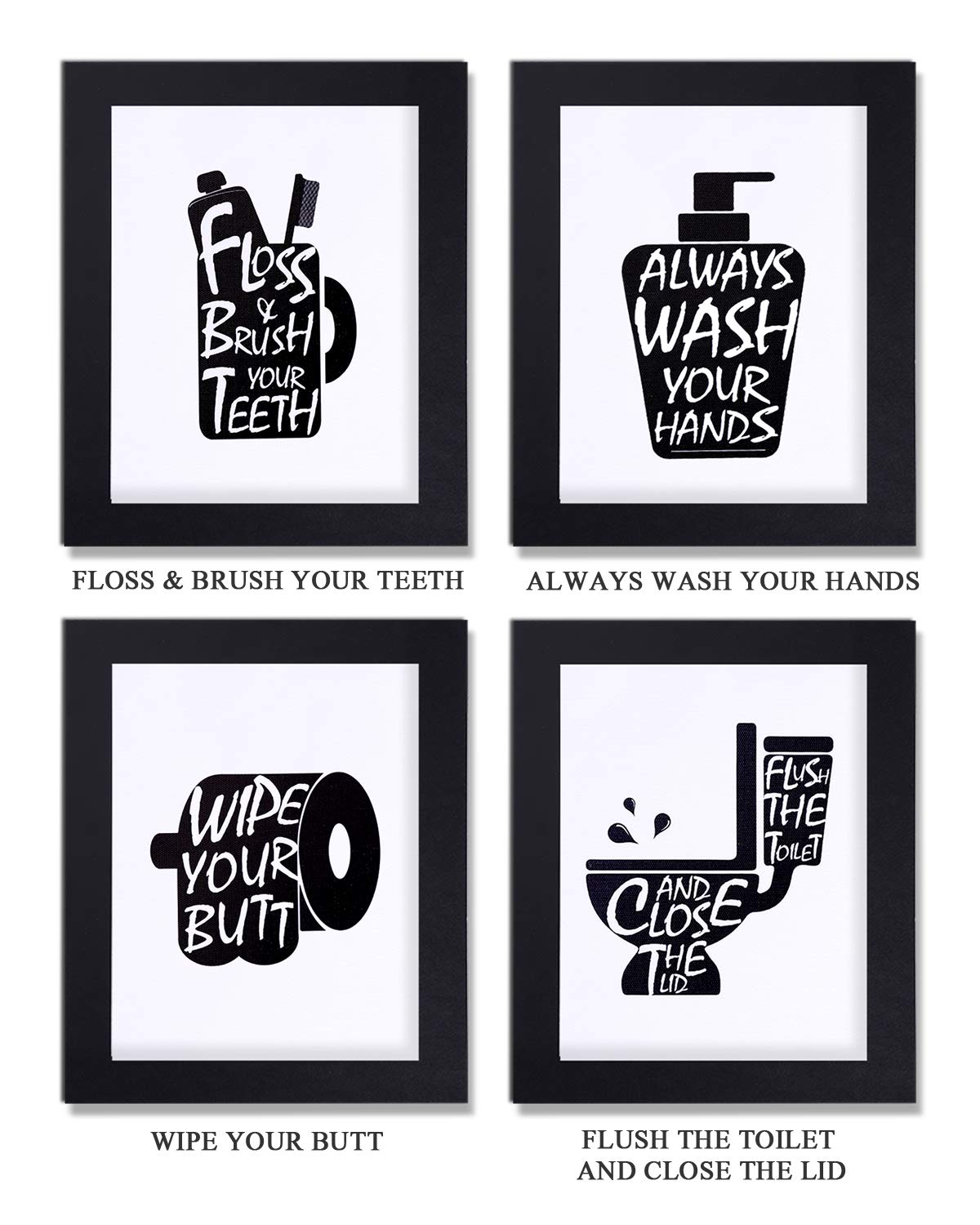 Joysnana Funny Bathroom Wall Art Prints Set of 4 - 8x10 Inch Black & White Canvas Posters with Paper Frames - Perfect for Bathroom Decor, Home Office & Gift Giving
