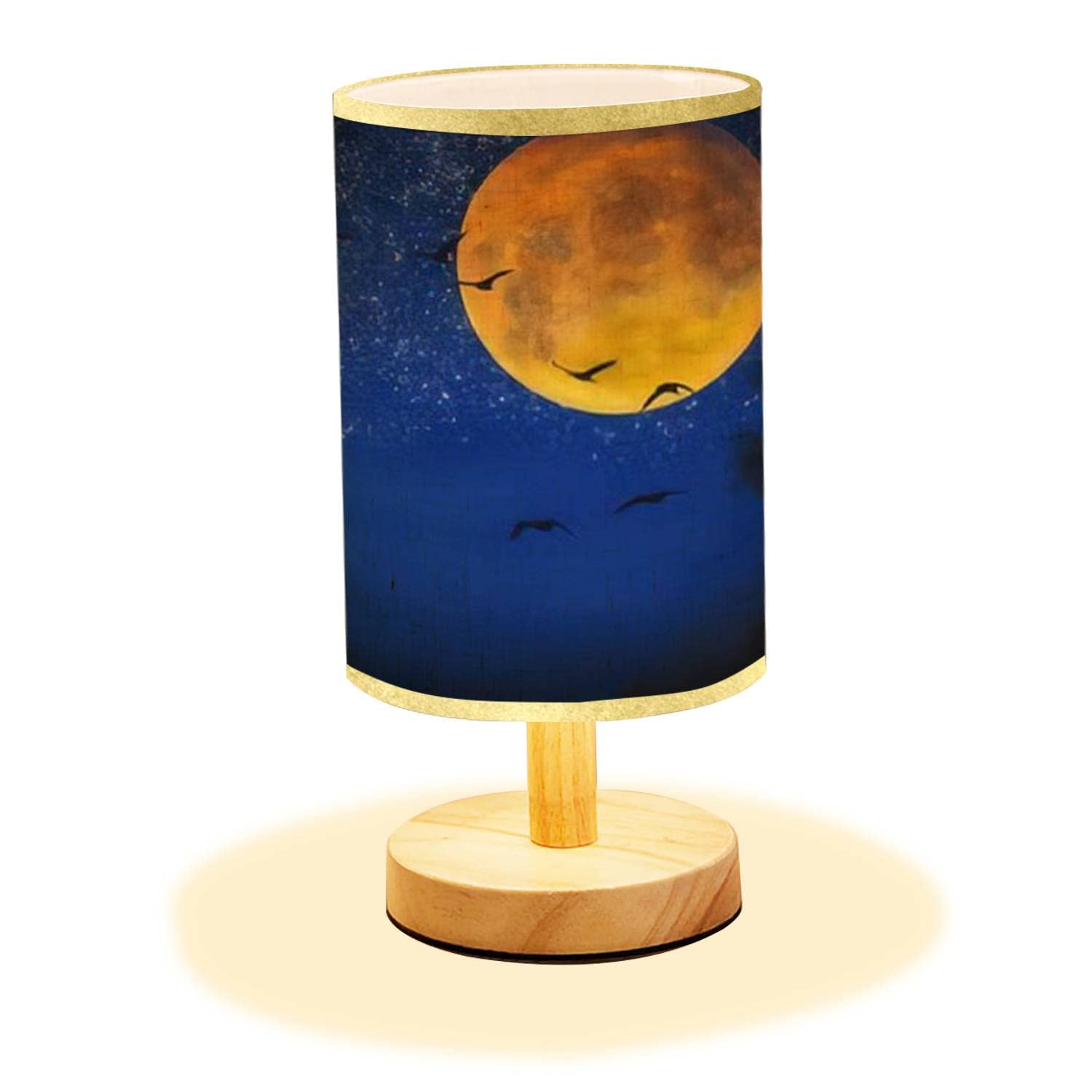 Minimalist Wooden Nightstand Lamp with Birds & Moon Illustration - Flaxen Fabric Shade for Bedroom, Living Room, Office - Cozy Reading Light & Ambient Lighting for Nighttime Relaxation