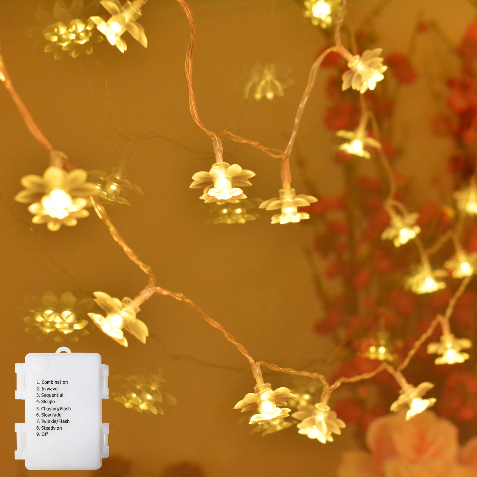 Echosari 13.2ft 40 LED Battery Operated Lotus Flower String Lights with Timer - Warm White Fairy Lights for Kids Bedroom, Garden, Wedding, Party & Outdoor Decor