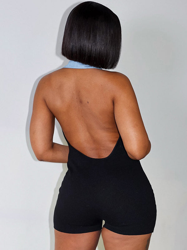 ZASUWA Women's Backless Romper with Stand Up Collar, Contrast Color & Metal Buttons - Perfect for Summer Parties, Beach Vacations & Night Out