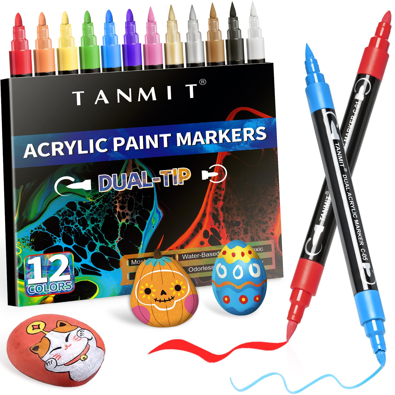 12 Colors Dual Tip Acrylic Paint Markers - Brush & Fine Tip for Rock Painting, Wood, Canvas, Stone, Glass, Ceramic - Perfect for DIY Crafts, Art Projects & Home Decor