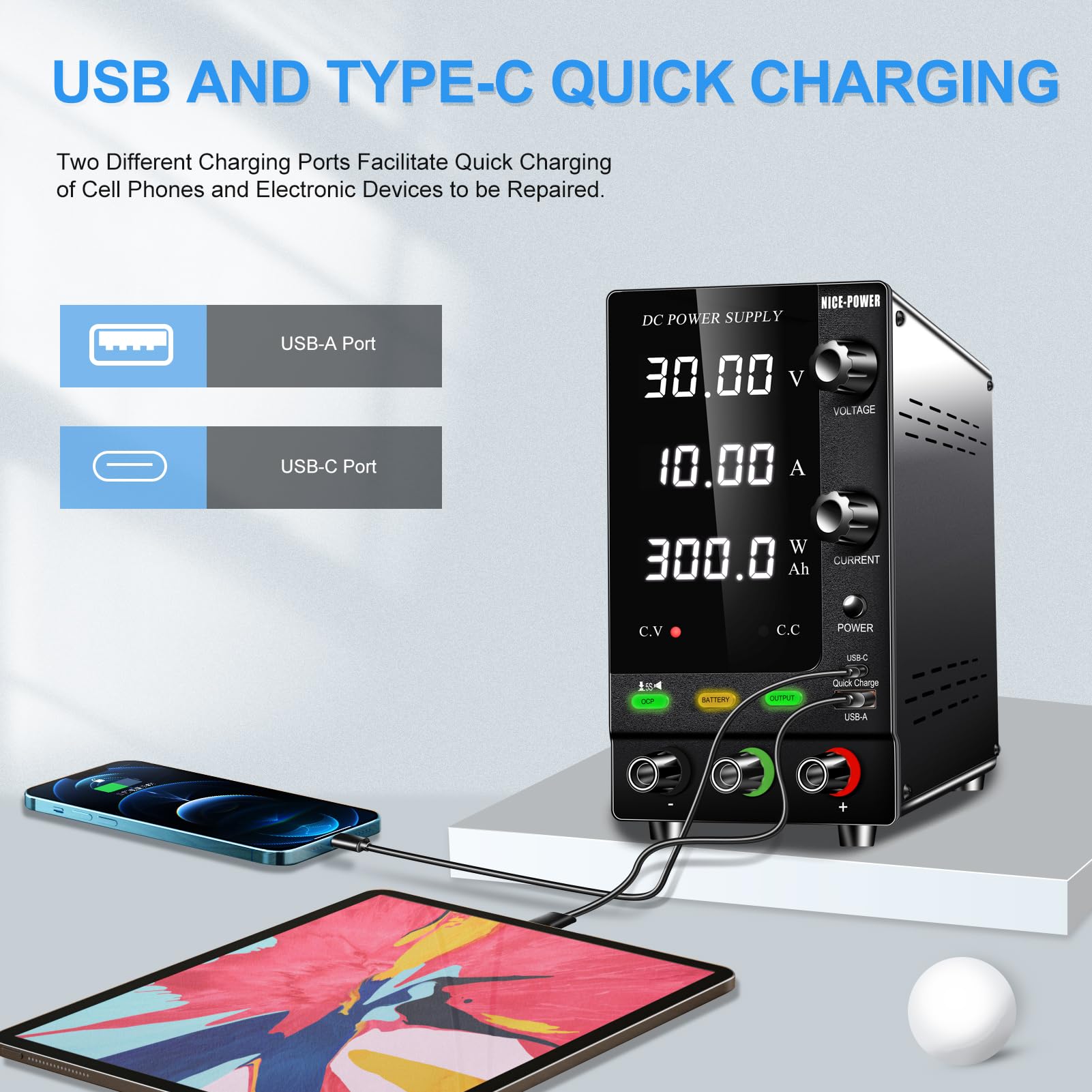 NICE-POWER 30V 10A 300W Adjustable DC Power Supply with Encoder - Variable 6V/12V/24V Output for LiFePO4 Lithium Ion Battery Charging, Lab Bench Power Supply with Quick Charge Port & OCP Protection - Perfect for Electronics Testing, DIY Projects, and Battery Maintenance