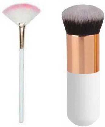 SUNISA 2-Piece Makeup Brush Set - White Slim Fan Highlighter Brush & Mini Foundation Brush for Women & Girls | Perfect for Contouring, Highlighting & Flawless Makeup Application