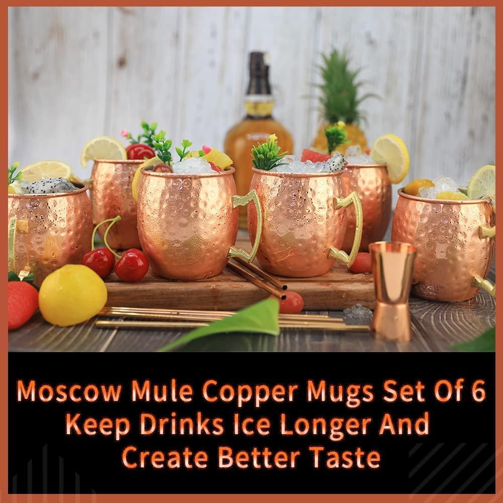 LINALL Moscow Mule Copper Mugs - Set of 6 (18oz) Copper Plated Stainless Steel Cups for Cocktails, Iced Coffee & Chilled Beverages - Perfect for Parties, Bars & Home Entertaining