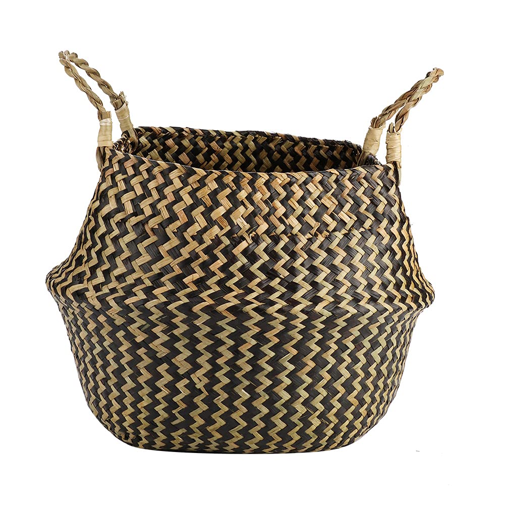 Alvinlite Hand-Woven Foldable Storage Baskets - Eco-Friendly Seagrass & Seaweed Woven Organizer for Clothes, Toys, Blankets & Plant Pots (Black) | Perfect for Home, Nursery & Office Organization