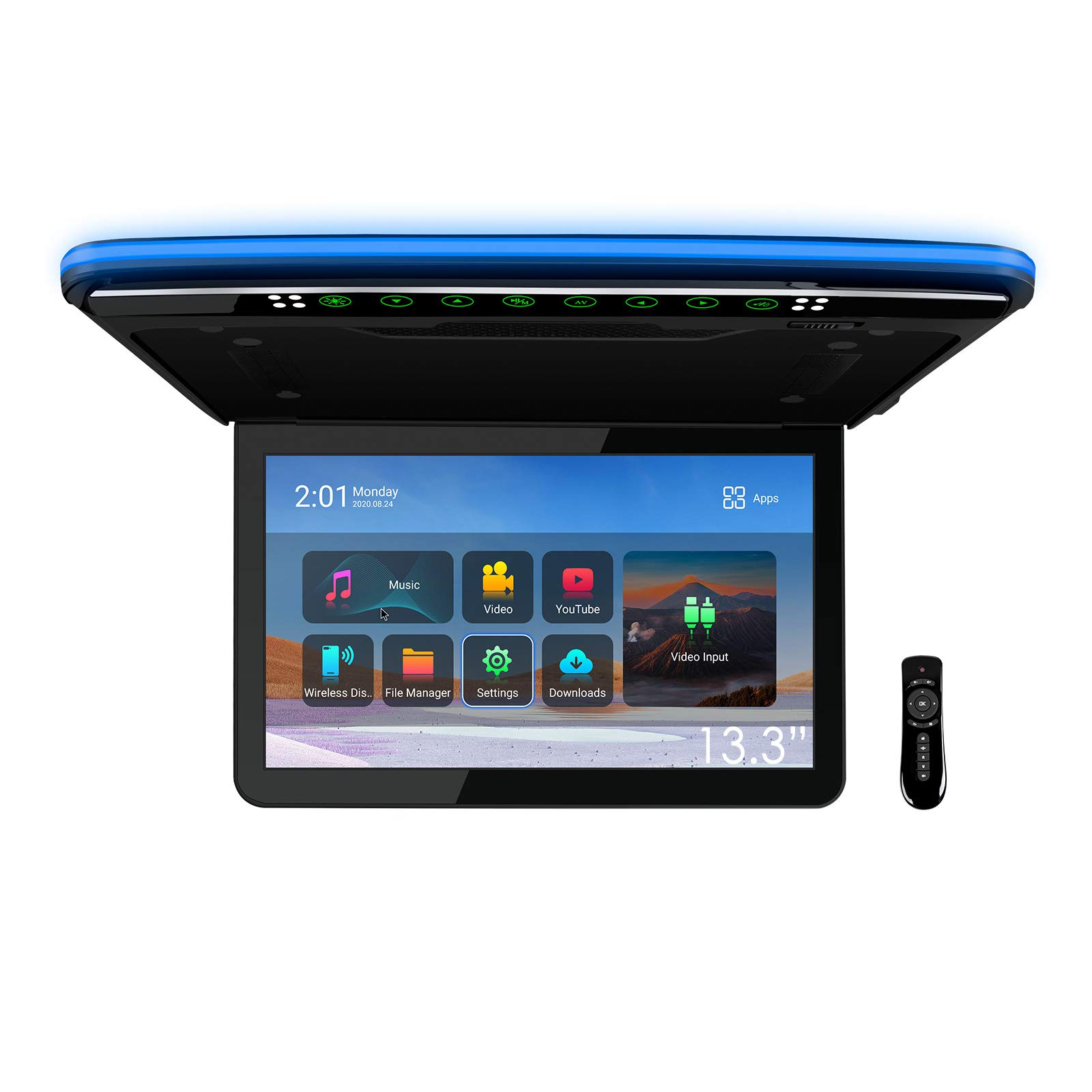 XTRONS 13.3 Inch Android Car Overhead Player - IPS HD Flip Down Roof Mount Monitor with Built-in Stereo Speakers, 8K Video, Bluetooth, WiFi, HDMI, USB - Perfect for Road Trips, Family Travel & Kids Entertainment in SUVs and Minivans