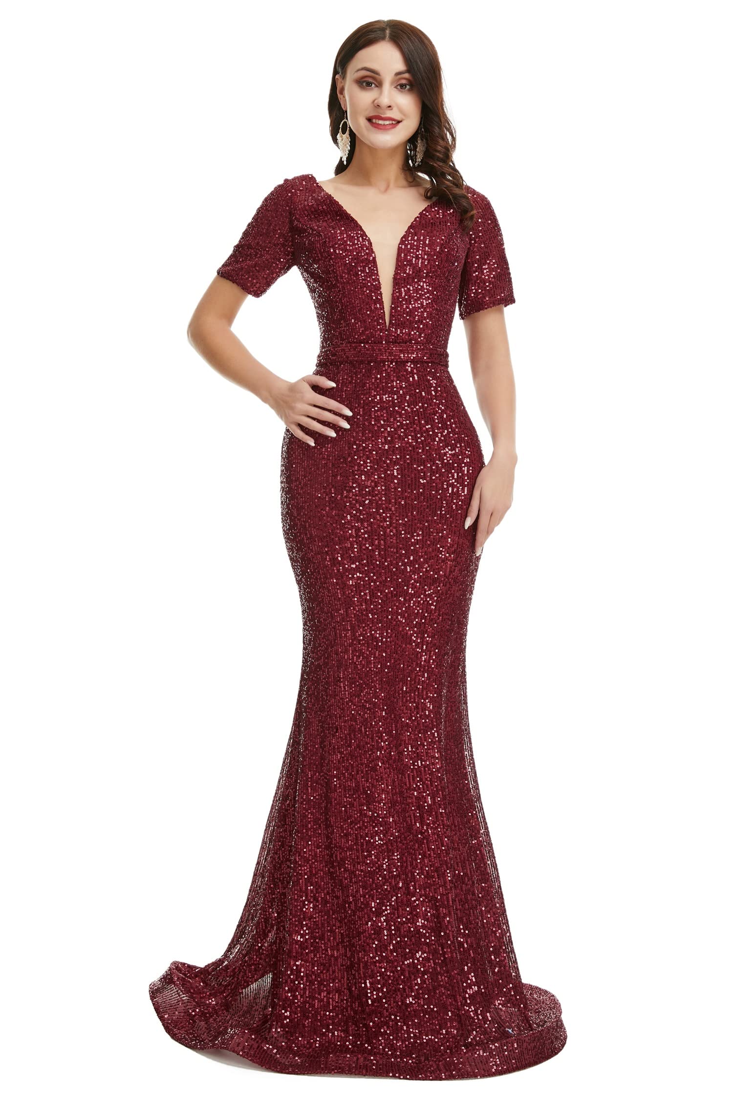 Engerla Women's Sparkly Sequin Mermaid Evening Dress Short Sleeve V-Neck Formal Gown for Prom, Party, Wedding, Bridesmaid | Perfect for Cocktail Parties, Date Nights & Special Occasions