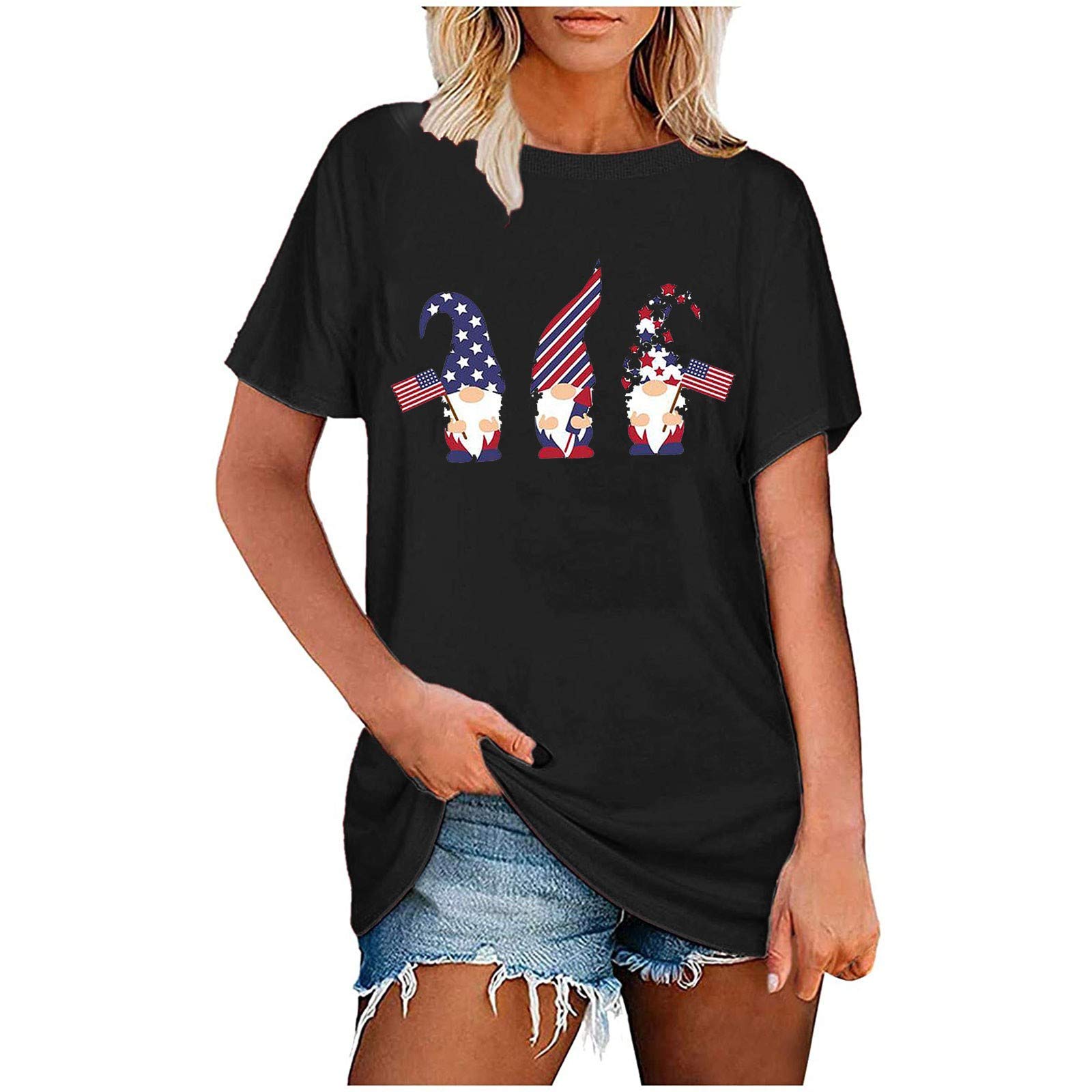 Women's American Flag Print Summer Tops - Cute Gnome Graphic Short Sleeve Round Neck Blouse for 4th of July, Independence Day & Patriotic Events | Casual Outfit, BBQ Party, Beach Vacation