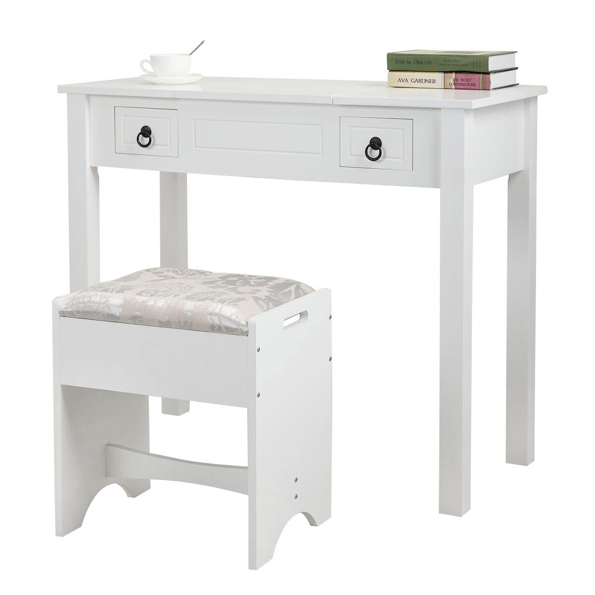 Modern White Vanity Set with Flip Top Mirror & Storage Organizers - Contemporary Wood Makeup Table with Hidden Compartments - Perfect for Bedroom, Bathroom & Dressing Room Organization