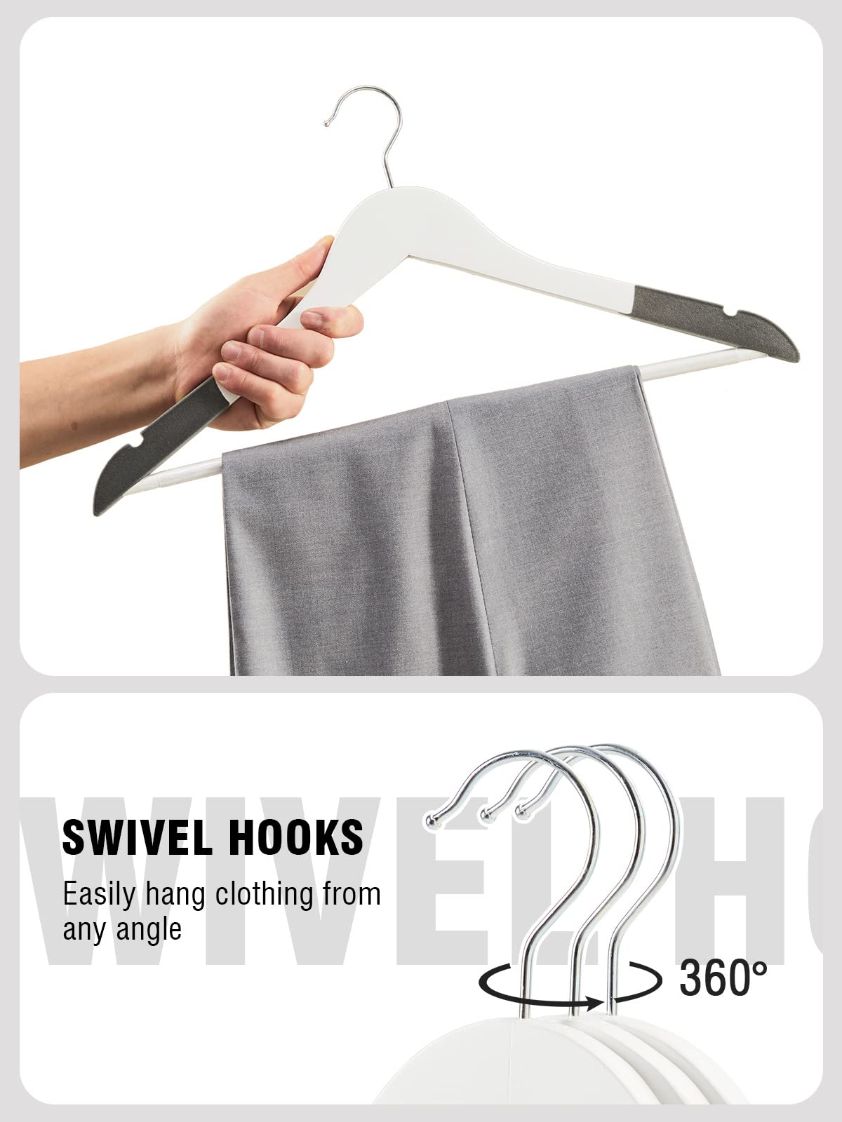 TECHMILLY 20-Pack Solid Natural Wooden Coat Hangers - Heavy Duty Smooth Finish Suit Hangers with Non-Slip Pant Bar, Precise Cut Notches & Chrome Swivel Hook - Perfect for Closet, Wardrobe & Garment Organization in Home, Office or Boutique
