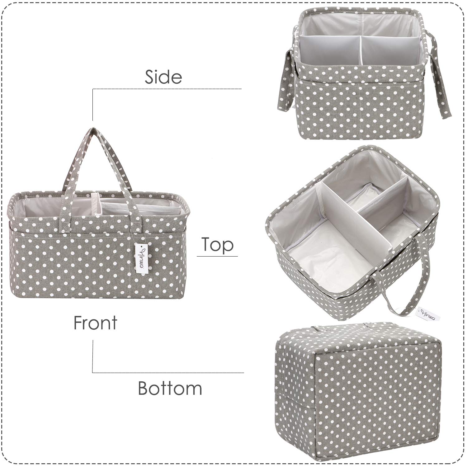 Hinwo Baby Diaper Caddy Organizer - 3-Compartment Nursery Storage Tote with Detachable Divider & 10 Hidden Pockets - Portable Diaper Organizer for Car, Nursery, Baby Shower Gift (Grey Dot) - Perfect for Newborn Essentials, Diaper Storage & On-the-Go Parenting