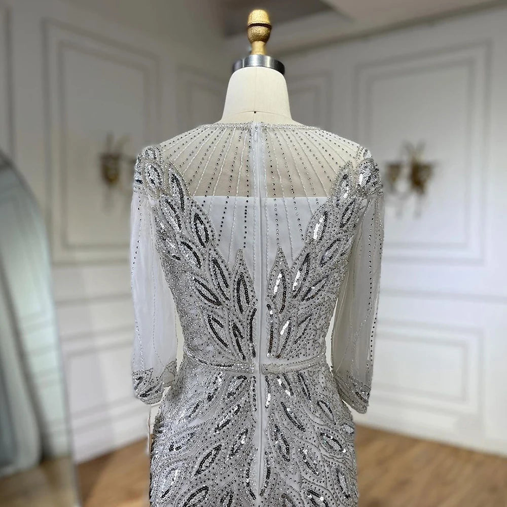 Luxury Arabic Silver White Beaded Evening Gown for Women - Elegant Ankle-Length Dubai Style Dress for Wedding, Party & Special Occasions | LA71999S | Perfect for Red Carpet Events & Formal Gatherings