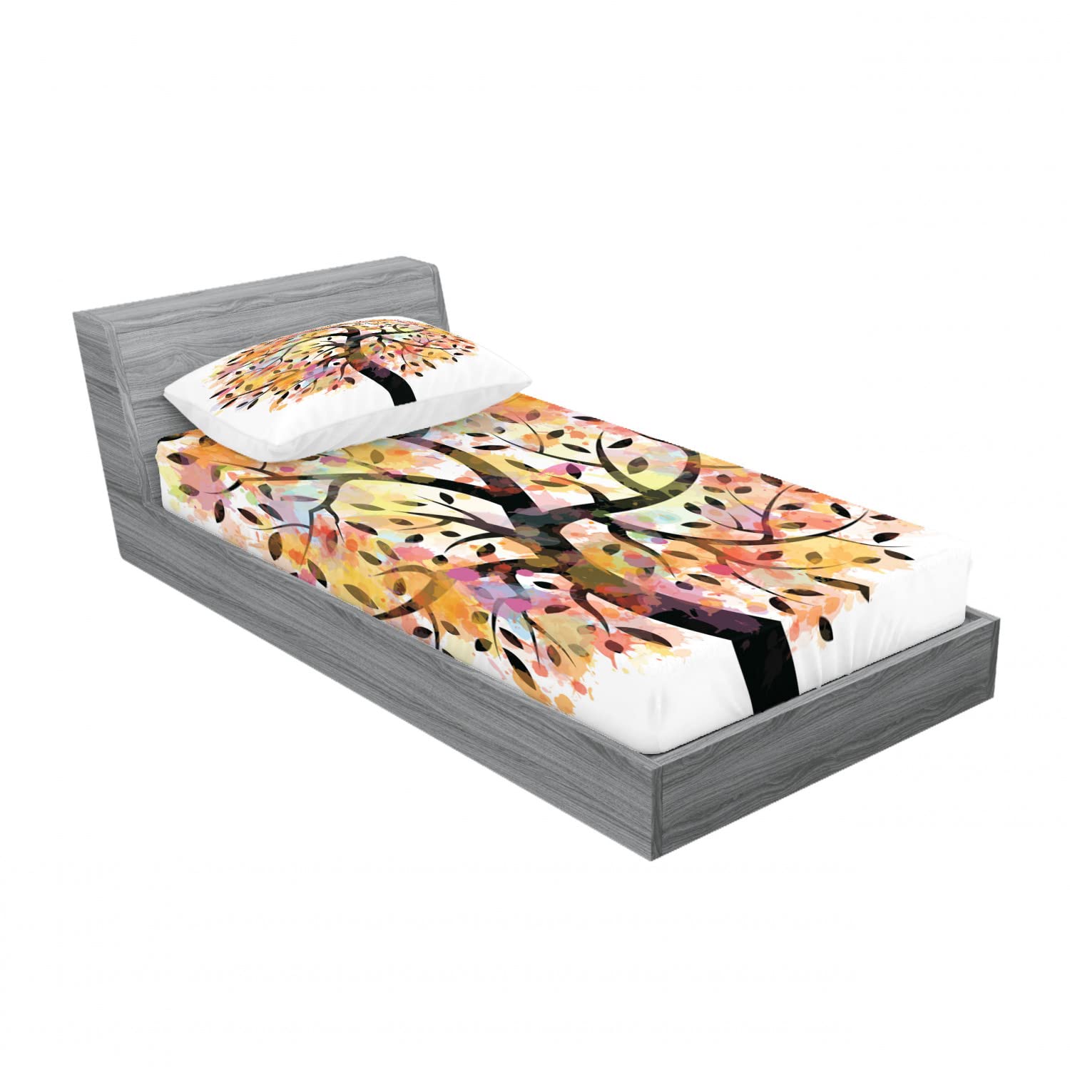 Ambesonne 2-Pack Twin Size Fitted Sheet & Pillow Sham Set - Spring Tree Leaves Pattern Bedding Decor (4-Piece Set) - Perfect for Guest Rooms, Dorms & Seasonal Bedroom Makeovers