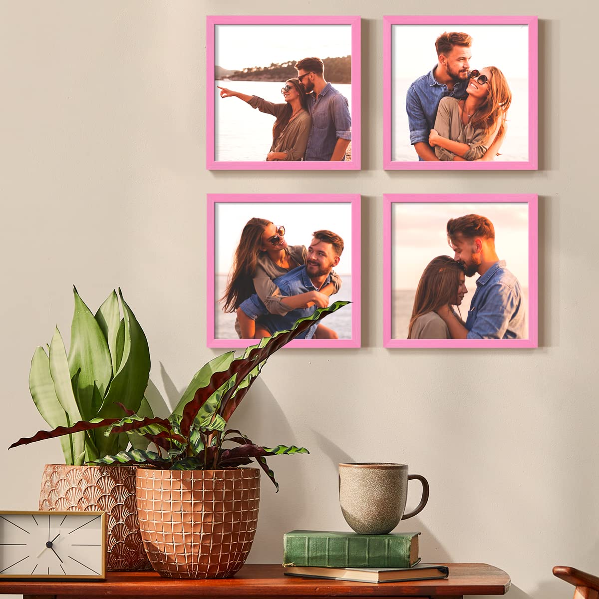 Custom Photo Frames Set of 4 - 8x8 Real Wood Picture Frames with Peel & Stick Backing for Personalized Photo Collages | Pink Wooden Wall Frames for Home Decor, Bedroom, Living Room & Office Display