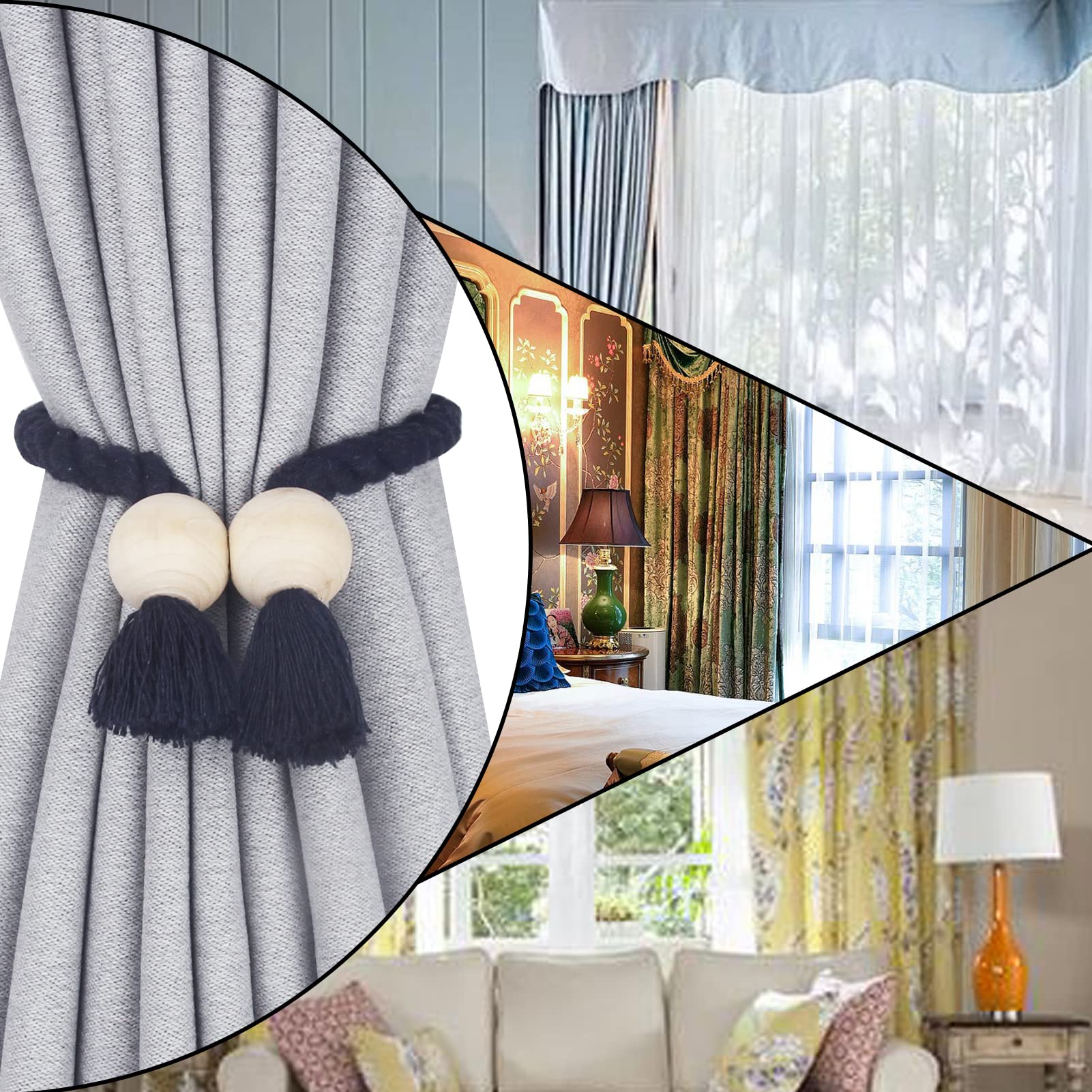2 Pack Magnetic Curtain Tiebacks - Hand Woven Cotton Decorative Rope Holdbacks for Curtains & Drapes, No Tools Required (Navy Blue) - Perfect for Living Room, Bedroom & Window Decor