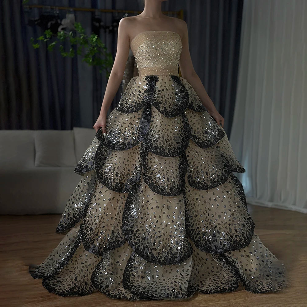 Elegant Black Sequin Evening Gowns with Tiered Ruffles - Dubai Luxury Formal Dresses for Women - Perfect for Weddings, Galas & Special Occasions