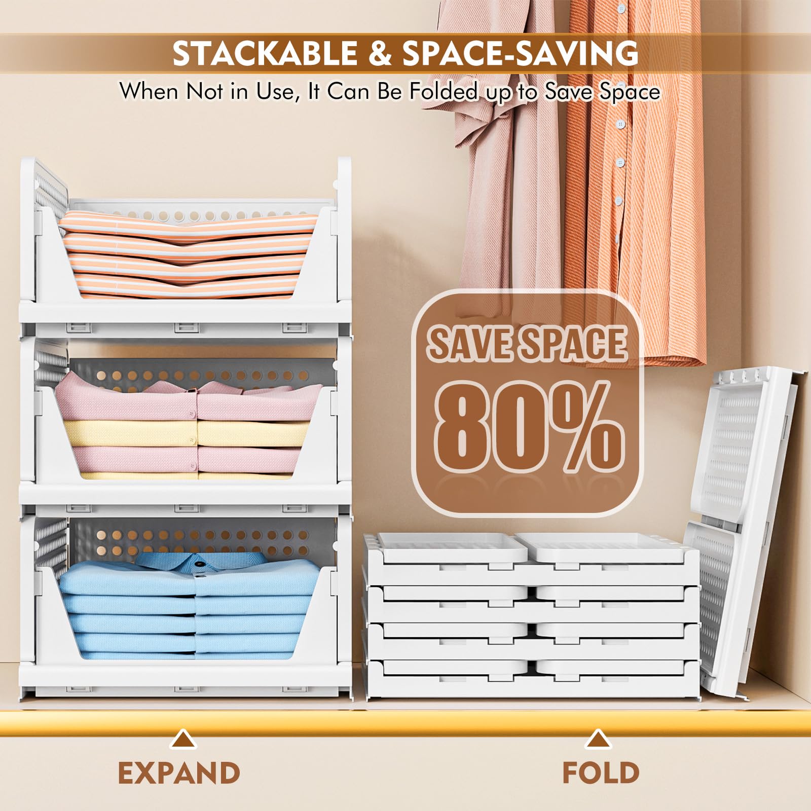 TidyIsles - 4 Pack Foldable Closet Organizer & Stackable Storage Boxes, Plastic Drawer Baskets for Bedroom, Kitchen, Bathroom Organization (White) | Perfect for Closet Shelving, Underbed Storage & Small Space Organization