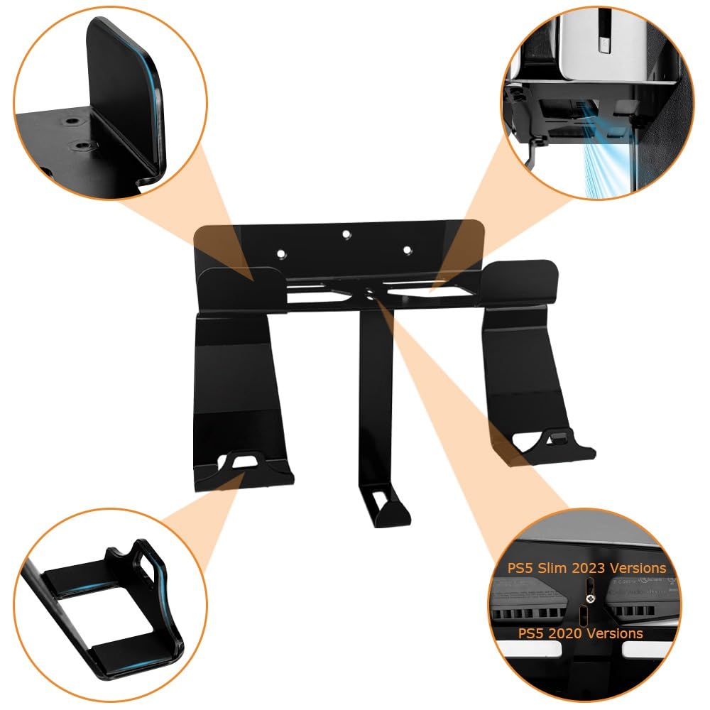 Metal Wall Mount Bracket for PS5, PS5 Slim & PS5 Pro - Behind TV Mounting Kit Compatible with PlayStation 5 Disc & Digital Edition Consoles (Black) - Perfect for Gaming Room, Living Room & Space-Saving Setup