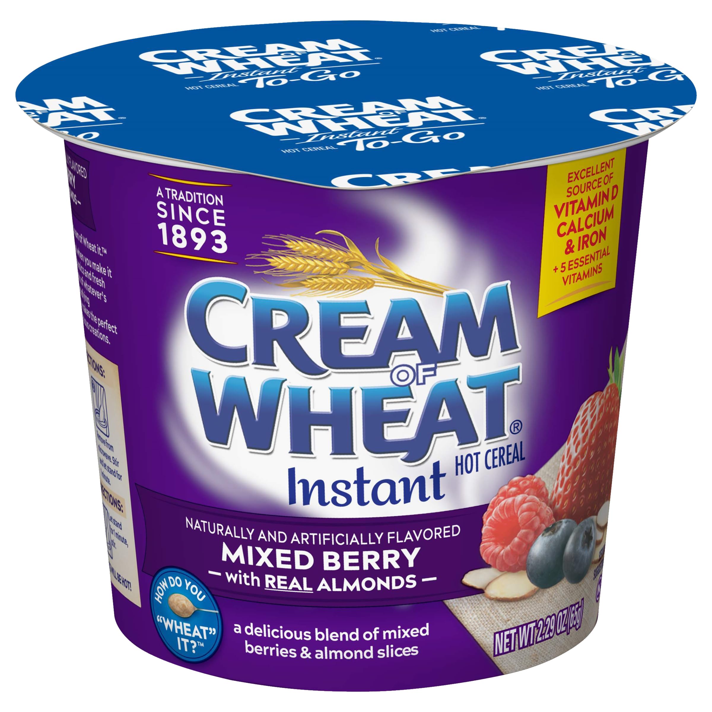 Cream of Wheat Instant Hot Cereal To-Go Cups - Mixed Berry with Almonds, 2.29oz (6 Pack) | Quick Breakfast for Busy Mornings, Office Snack & On-the-Go Meals