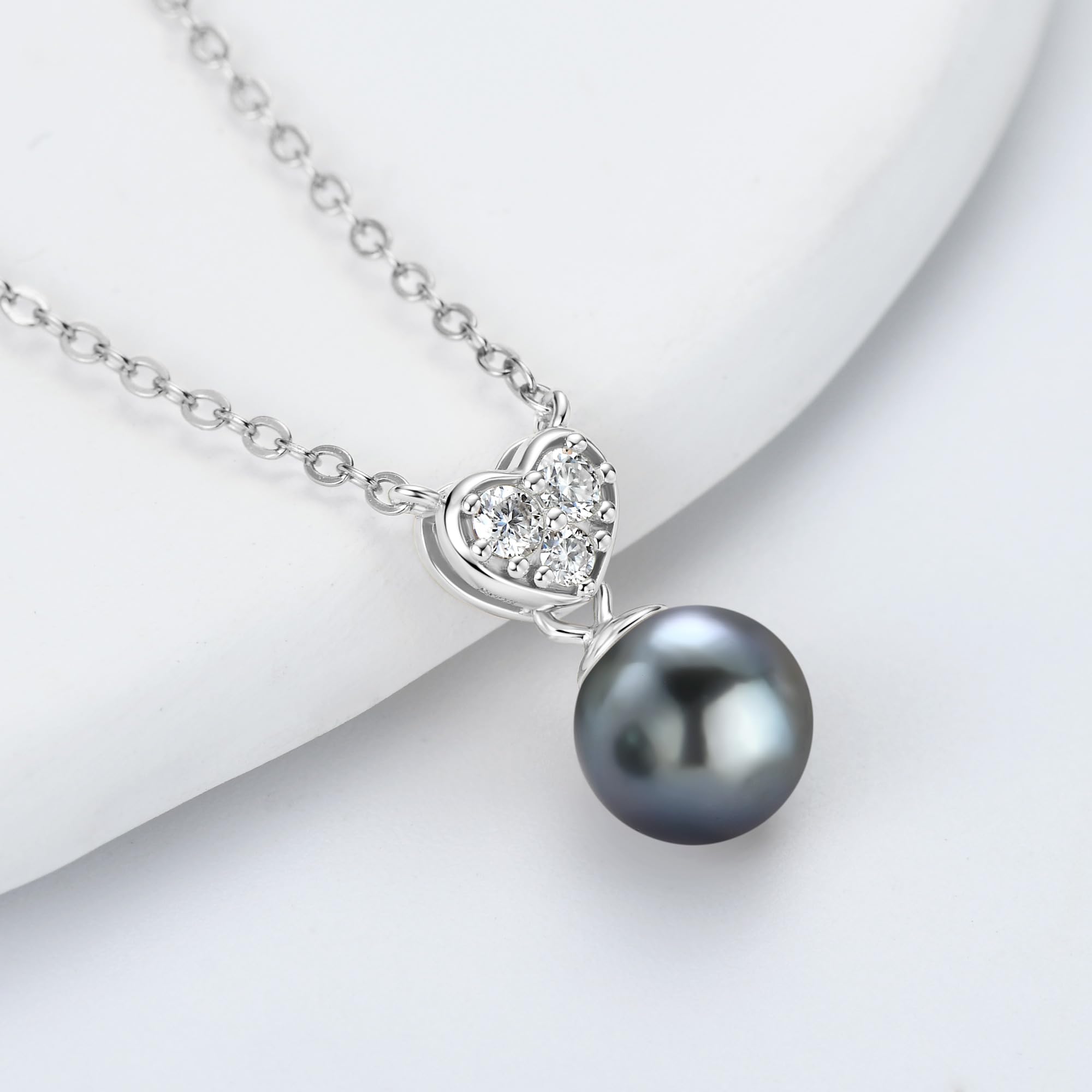 Tahitian Black Pearl Heart Necklace for Women - Sterling Silver Pearl Pendant with D Color Moissanite - Elegant Jewelry Gift for Wife, Mom, Birthday, Anniversary - Perfect for Weddings, Parties & Special Occasions