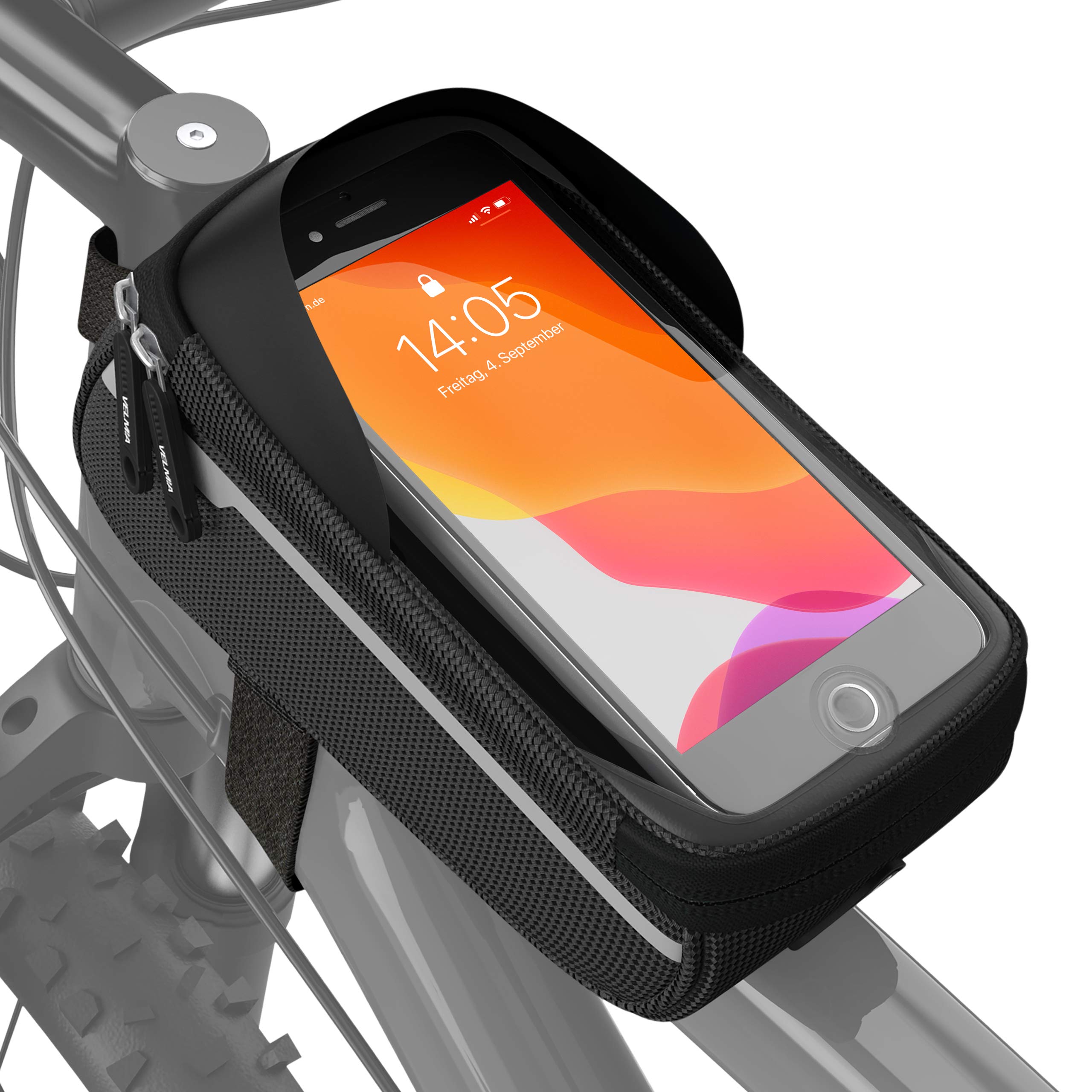 VELMIA Waterproof Bike Phone Mount Bag - Universal Touchscreen Sensor Compatible - Front Frame Bicycle Phone Holder for Cycling, Commuting & Outdoor Adventures