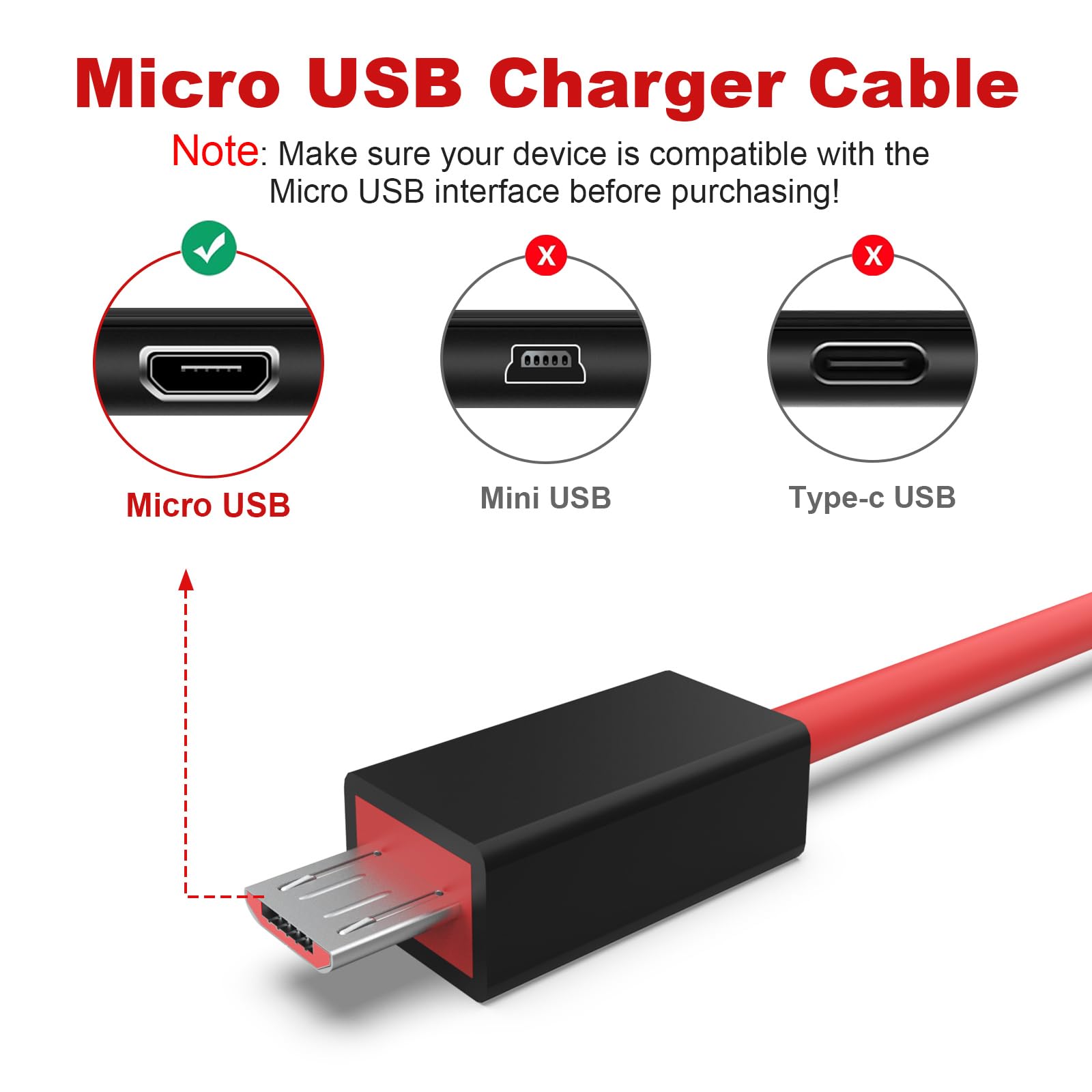 Replacement Micro USB Charger Cable for Beats Powerbeats 2/3, Studio Solo 2/3 Wireless Headphones & Pill Speakers - Fast Charging, Durable (Red) - Perfect for Home, Office, Travel & Gym Use