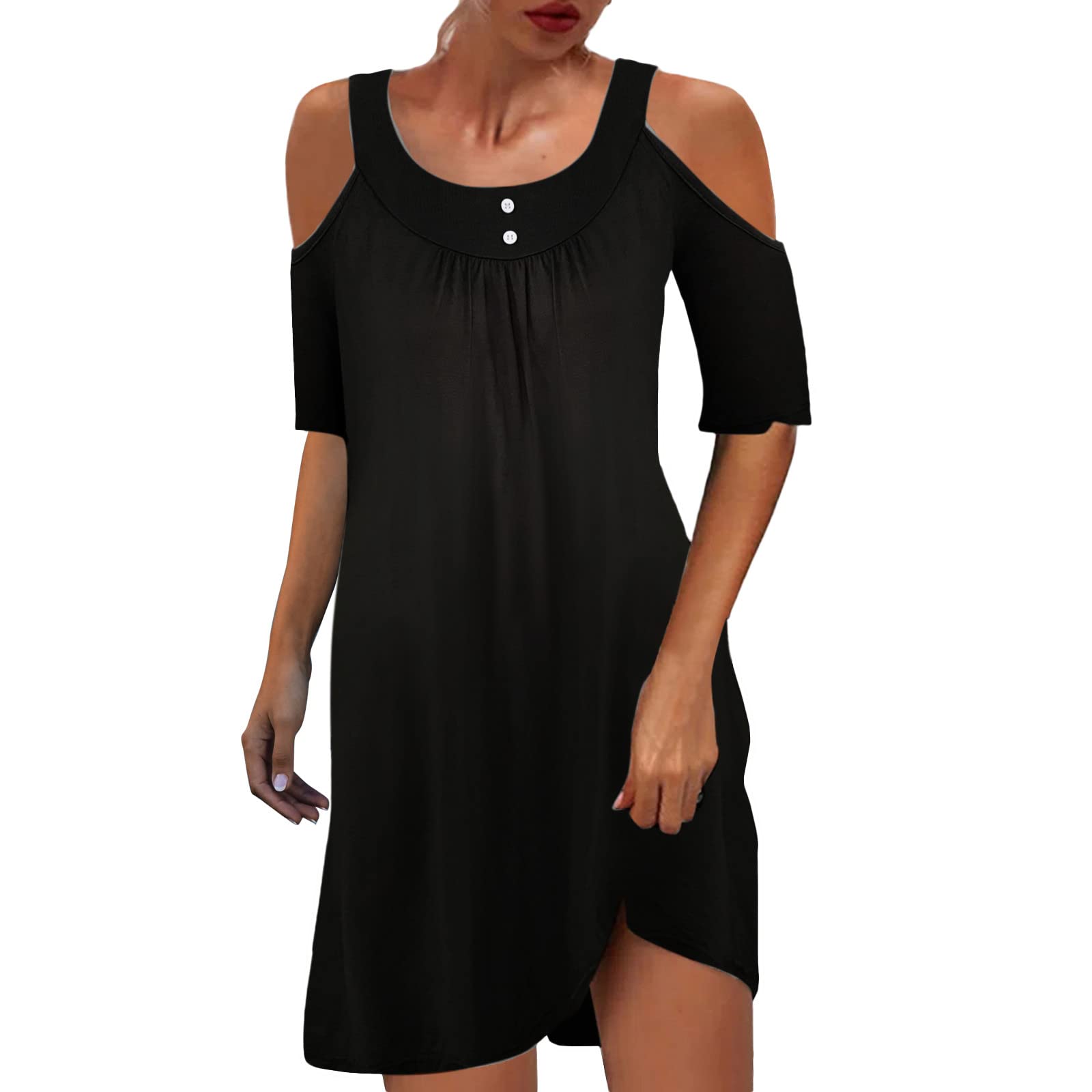 Women's Casual Cold Shoulder Solid Short Sleeve Mini Swing Wrap Dress for Summer - Perfect for Beach Vacations, Date Nights & Outdoor Parties