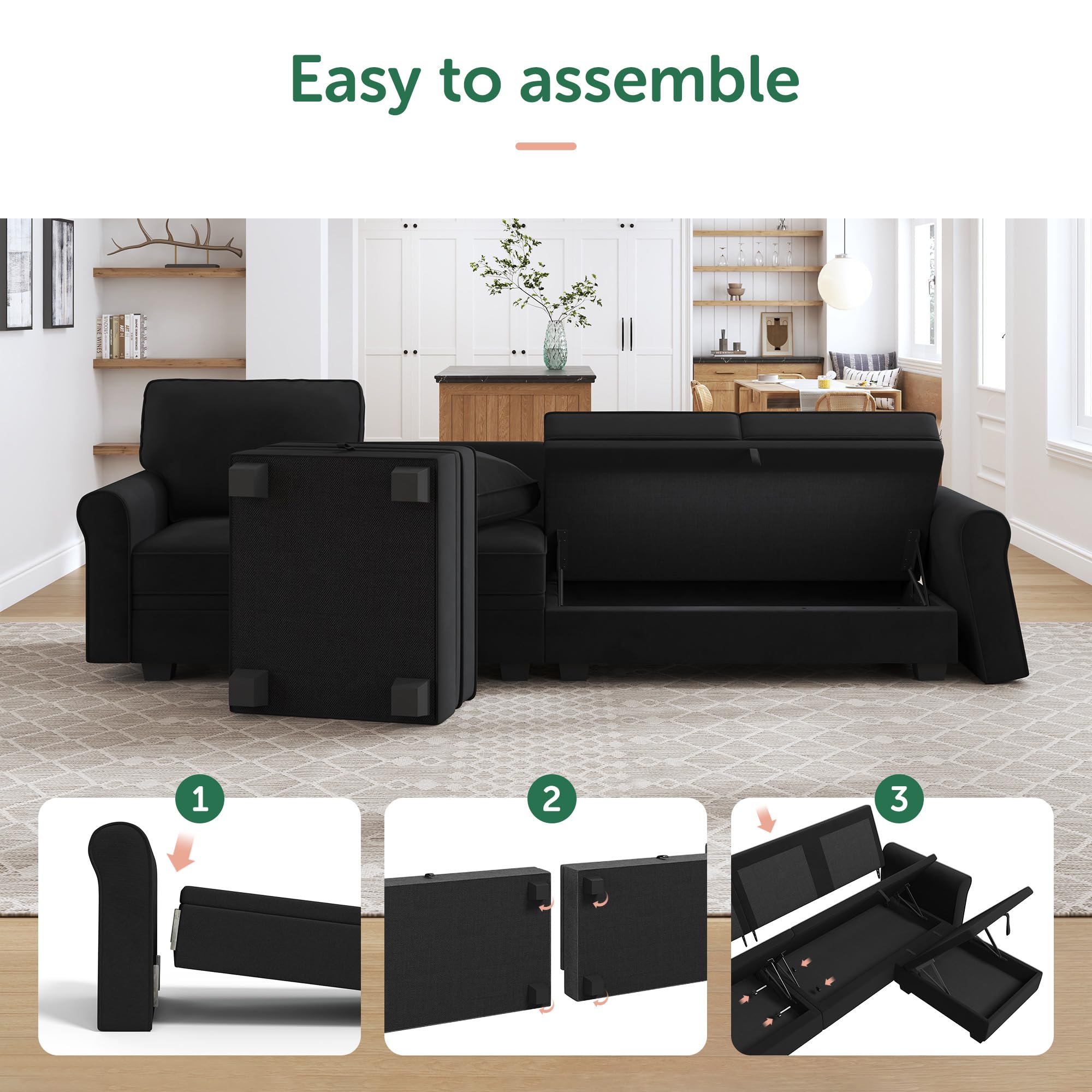 HONBAY U-Shaped Sectional Sofa with Storage Seat & Reversible Chaise - Convertible Velvet Couch for Living Room, Black - Perfect for Small Spaces & Family Gatherings