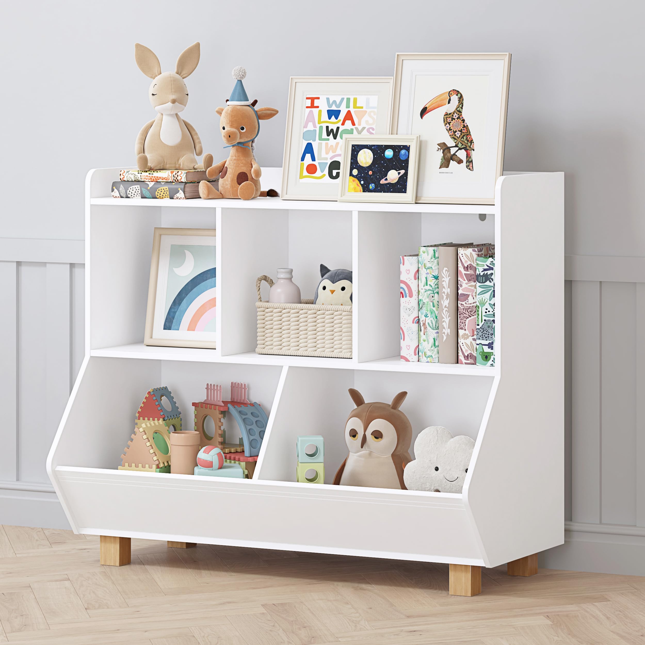 UTEX 5-Cube Kids Toy Storage Organizer & Bookshelf with Legs - White Multifunctional Nursery Organizer for Toys, Books in Bedroom, Living Room, Playroom