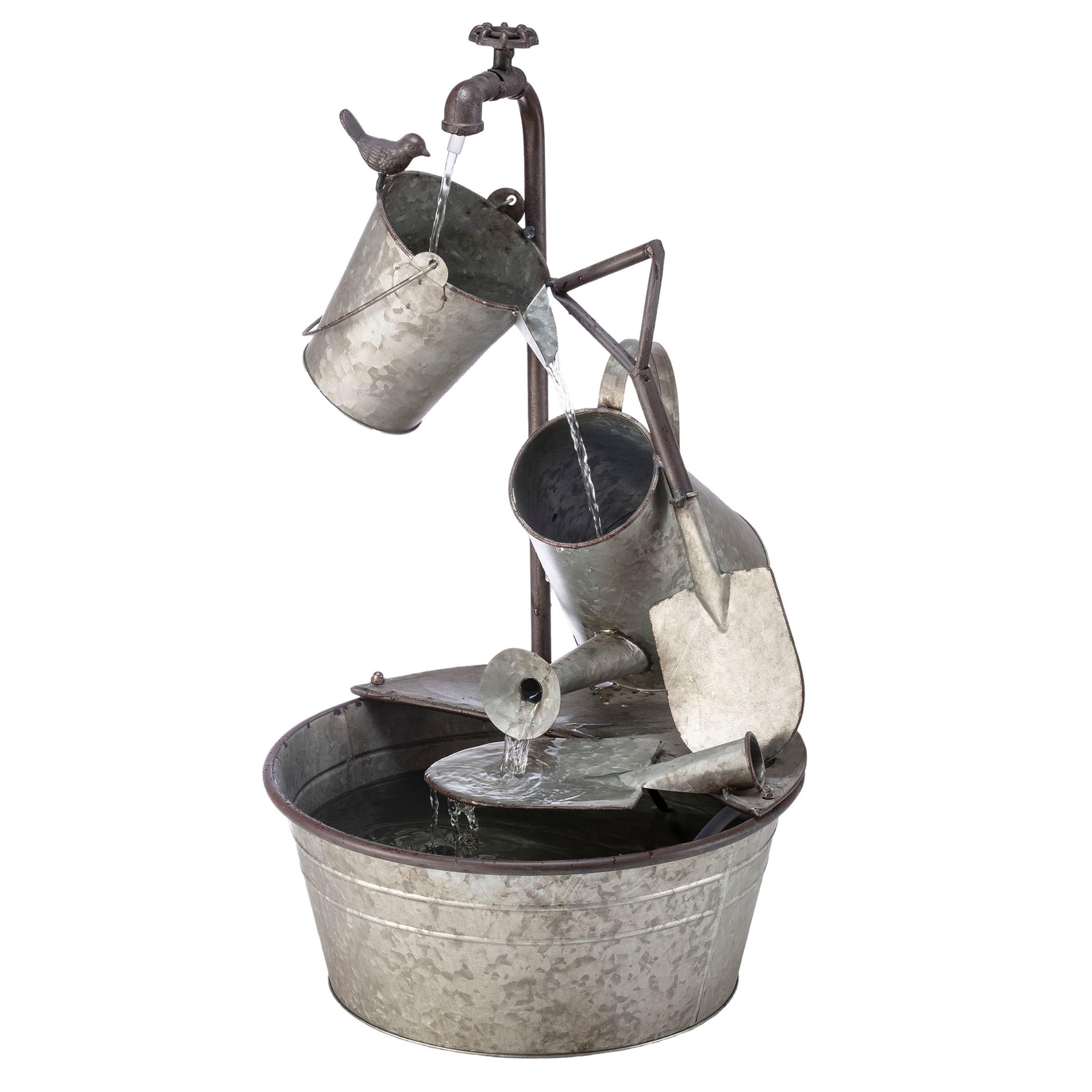 Alpine Corporation YHL106 3-Tiered Metal Outdoor Water Fountain with Garden Tools & Faucet Waterfall - 28 Inch Gray Patio Decor for Garden, Yard, and Backyard Relaxation