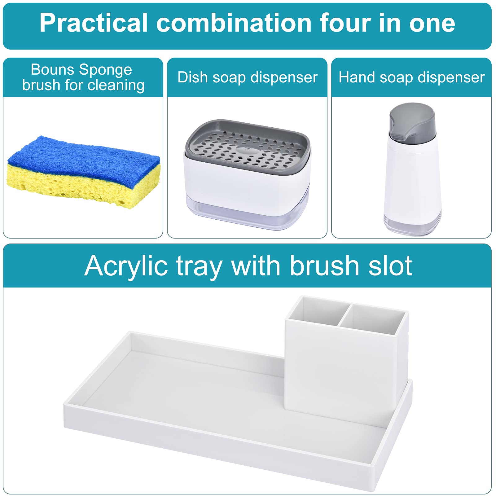 SUBEKYU Kitchen Soap Dispenser Set with Sponge Holder & Tray - Grey & White Plastic Hand & Dish Soap Dispenser for Sink - Perfect for Kitchen Organization & Dish Washing (Brush Not Included)