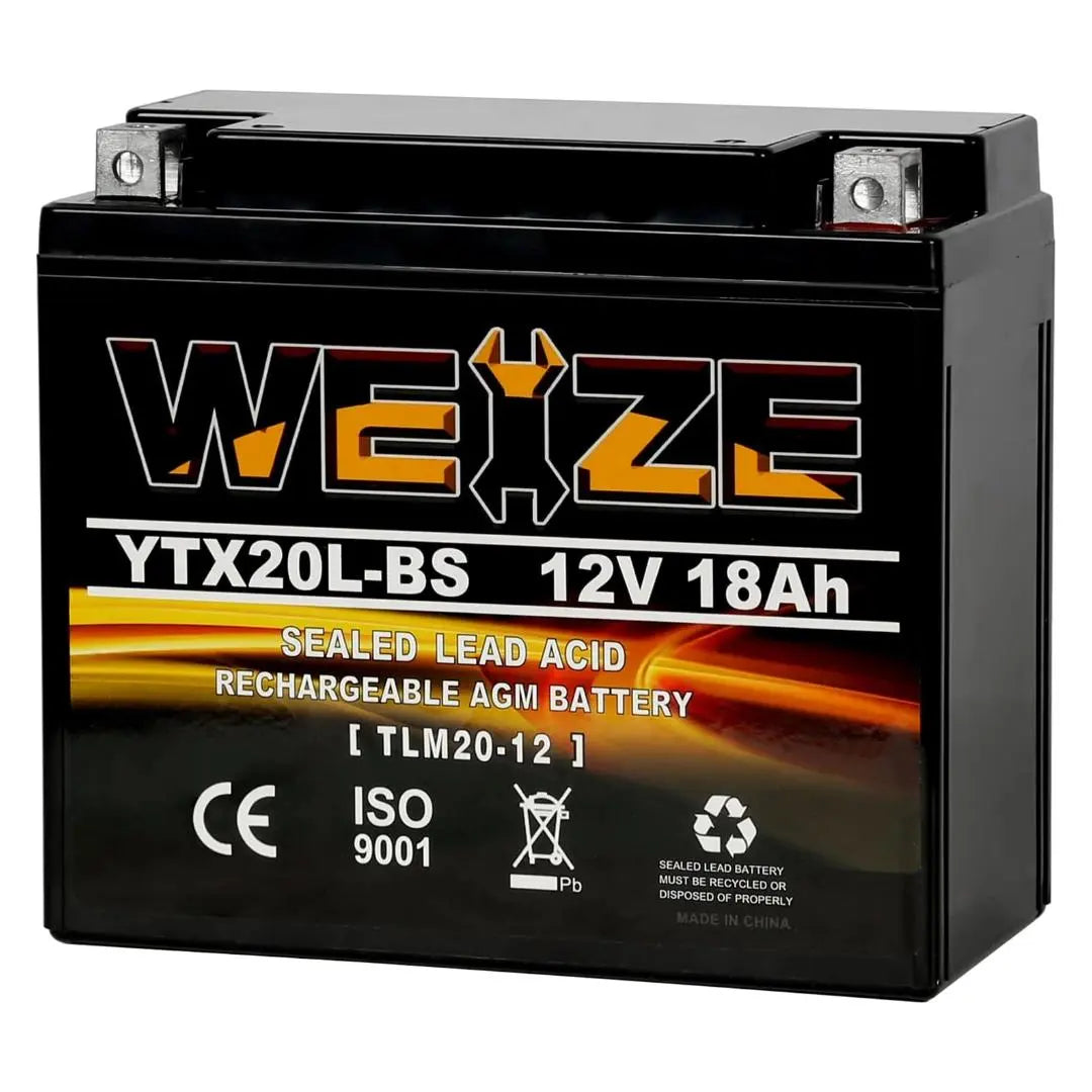 WEIZE YTX20L BS 12V 18Ah High Performance AGM Motorcycle Battery - Maintenance Free, Sealed, Powersports Battery for Motorcycle, ATV, UTV, Snowmobile - Perfect for Off-Road Adventures & Extreme Weather Conditions