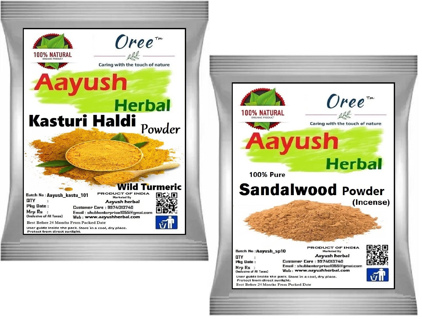 100% Natural Aayush Herbal Kasturi Haldi (Wild Turmeric) & Sandalwood Powder Combo for Skin Brightening & Acne Treatment - Perfect for DIY Face Masks & Ayurvedic Skincare Routines