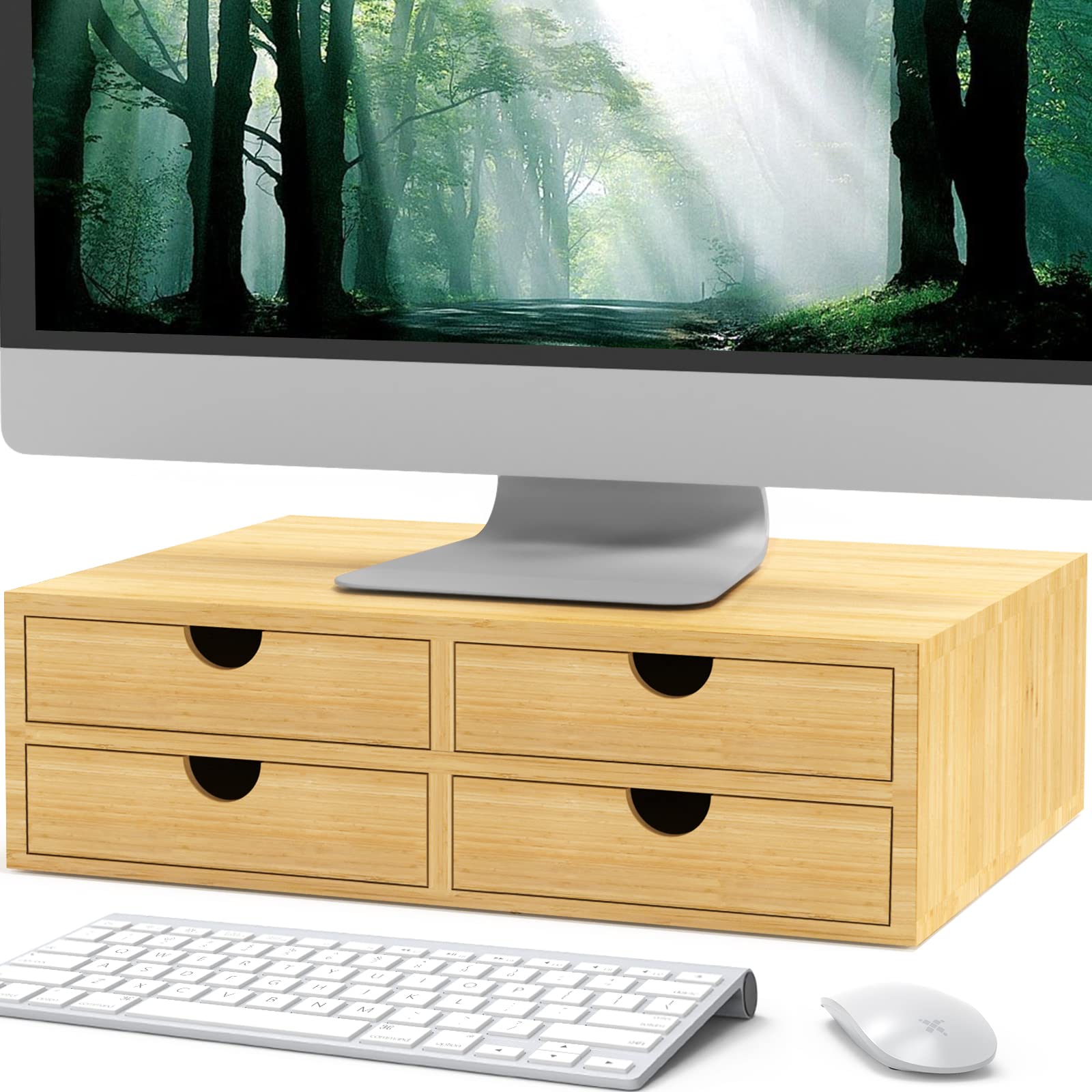MaxGear Bamboo Monitor Stand Riser with 4 Drawers, Wooden Desk Organizer for Laptop, Printer, PC & Screen - Perfect for Home Office & Workspace Organization