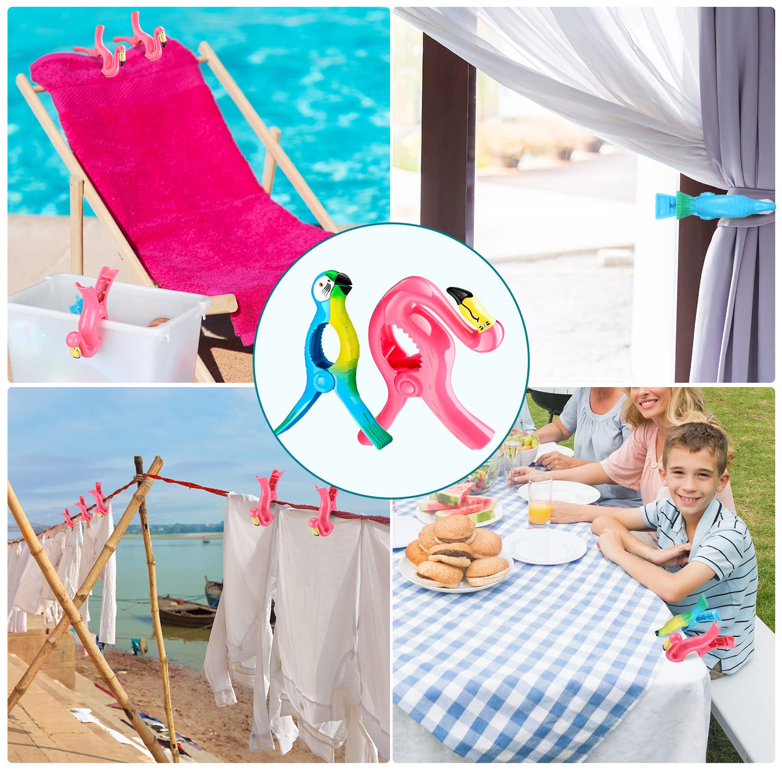 8 Pcs Heavy Duty Beach Towel Clips for Chairs - Flamingo & Parrot Design, Jumbo Size Pool Towel Holders for Cruise Ship, Travel, and Outdoor Use (Pink, Blue, Flamingo, Parrot) - Perfect for Beach, Poolside, and Vacation Essentials