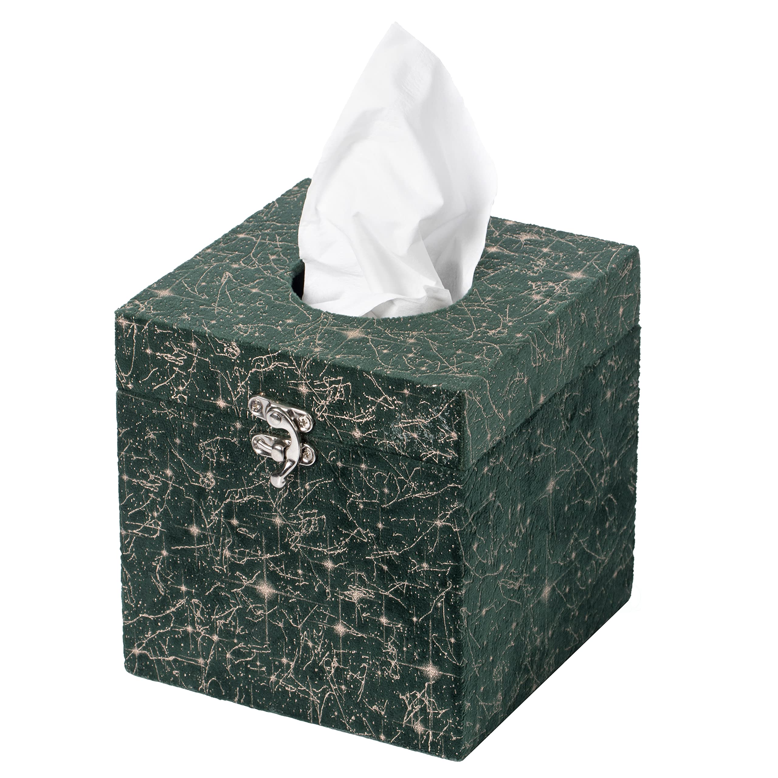 Square Velvet Modern Paper Facial Tissue Box Cover Holder - Stylish Home & Office Desk Organizer for Living Room, Bedroom, Bathroom - Green