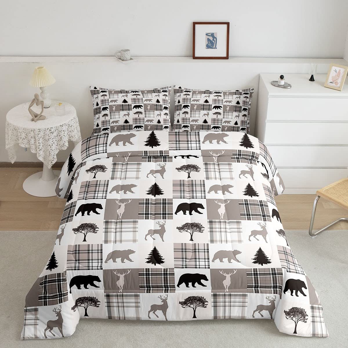 Castle Fairy Comforter Set for Teens - Animal Silhouette Bedding, Retro Khaki Grid Twin Size Duvet Cover with 1 Pillowcase | Christmas Tree Quilted Design | Cozy Kids Room Decor for Bedroom & Dorm | Perfect Gift for Holidays & Birthday
