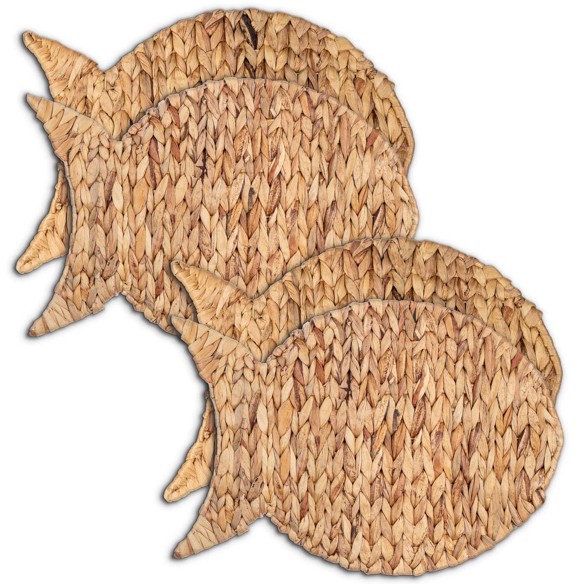 Woven Water Hyacinth Placemats Set of 4 - 12x17 Inch Nautical Fish Design Rattan Placemats for Dining Table - Natural Wicker Beach Theme Table Mats for Coastal Decor, Summer Parties & Outdoor Entertaining