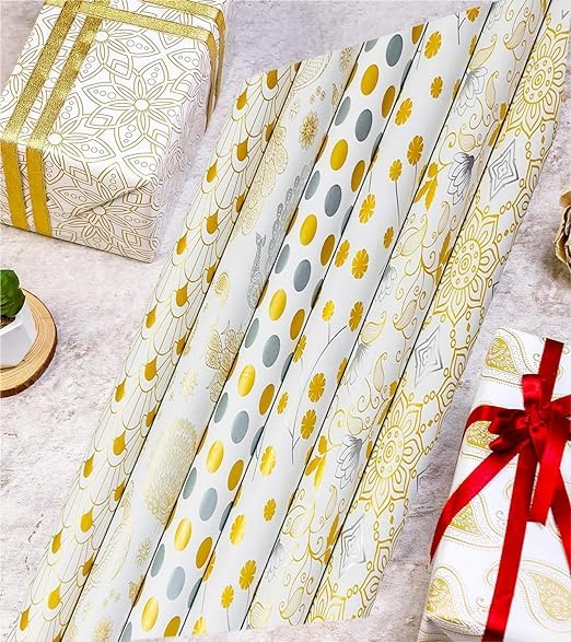 QUAKEL (QKL-05) Premium Gift Wrapping Paper Roll - 5 Sheets Mix Design with 5 Ribbons & 5 Stickers - Christmas Birthday Holiday Present Wrapping Paper for Gifts, Parties, Weddings & Special Occasions