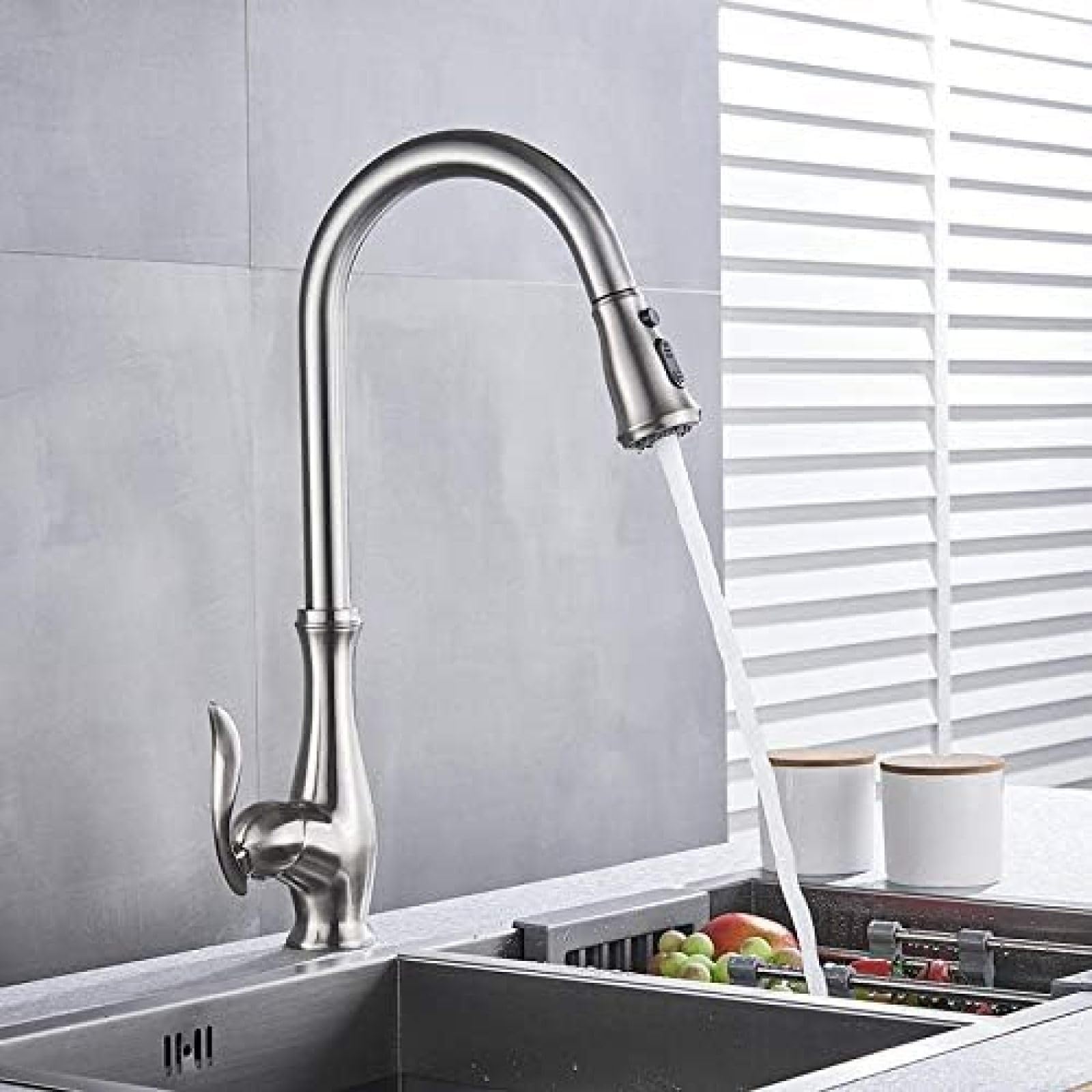 CRJUS Brushed Nickel Pull Out Kitchen Faucet with Swivel Spout - Deck Mounted Hot and Cold Water Mixer Tap for Sink, Bathroom & Utility Room (Perfect for Washing Dishes, Filling Pots & Cleaning)