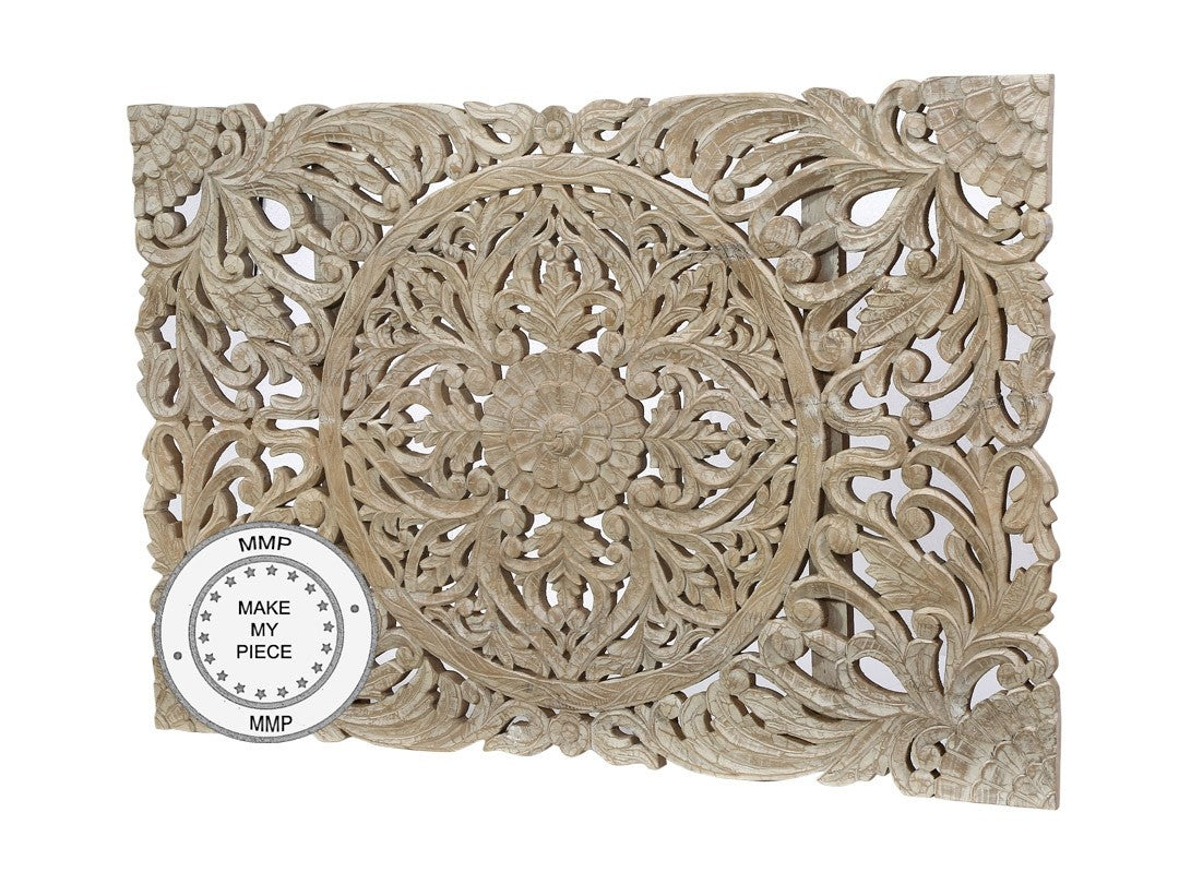 Hand Carved Indian Wooden Panel Bed Headboard - Whitewashed Finish for Boho & Farmhouse Bedroom Decor | Perfect for Master Bedroom, Guest Room & Airbnb Styling