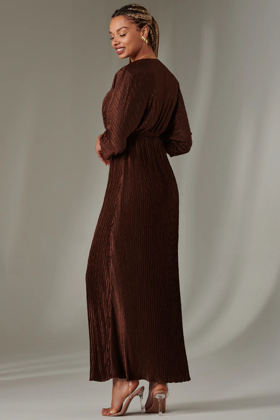 Elegant Chocolate Brown Ruffle Hem Chiffon Maxi Dress for Women - Perfect for Weddings, Parties & Special Occasions
