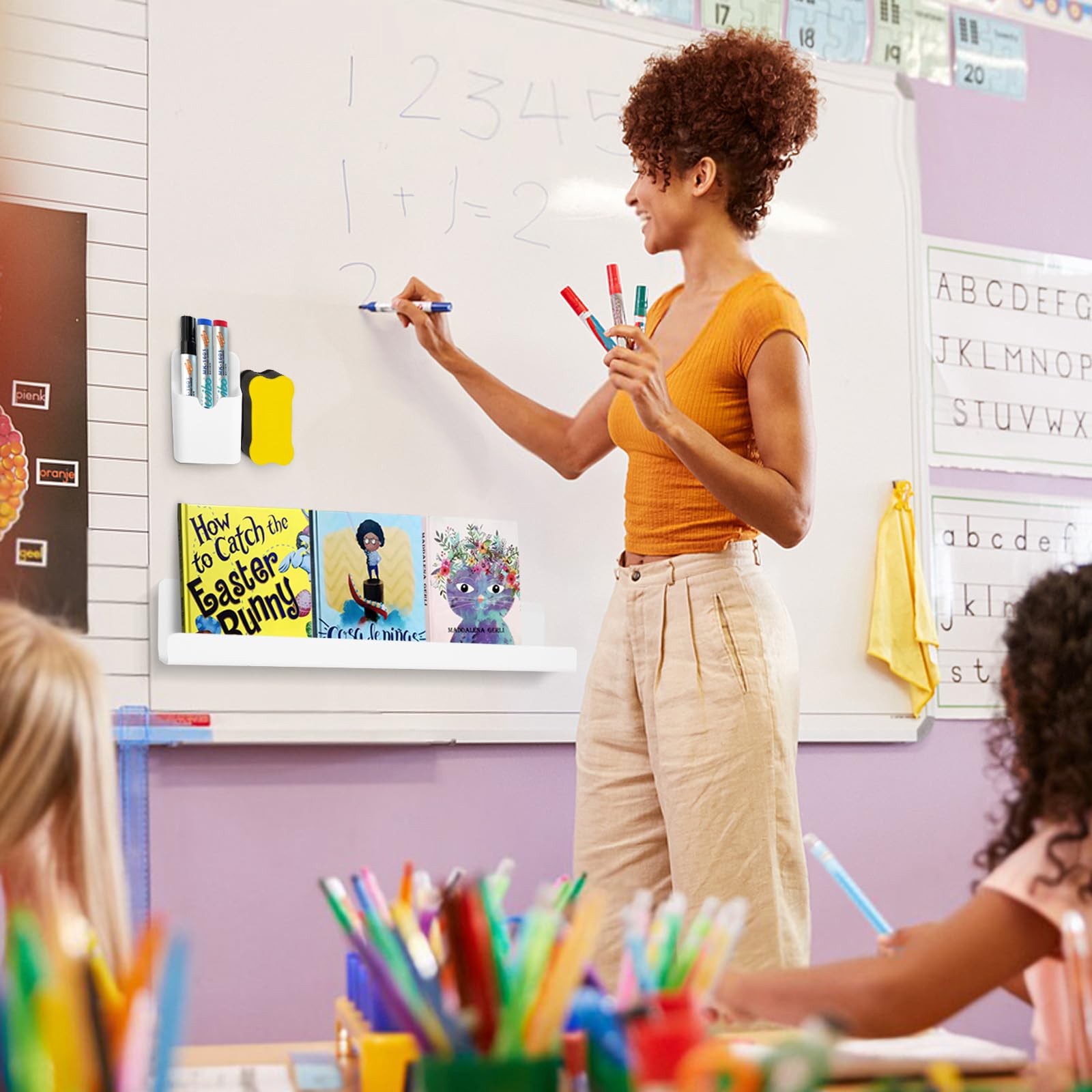 Magnetic Whiteboard Shelf - 2 Pack, Holds 13lbs, with Pencil Holder & Eraser - Perfect for Classroom, Office, Refrigerator & Home Organization - Strong Magnetic Book Display Shelf for Whiteboards & Metal Surfaces