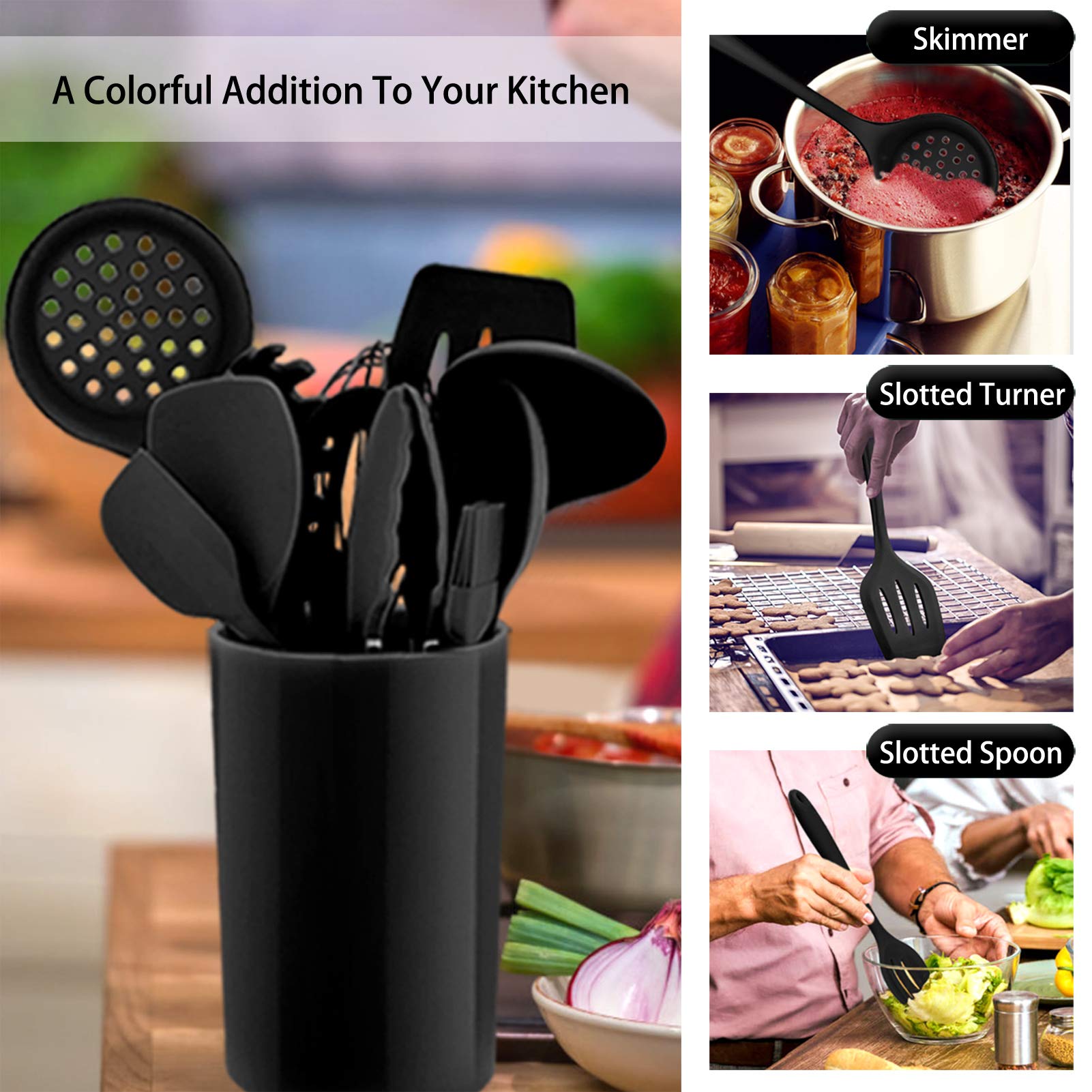 Homikit 12-Piece Silicone Kitchen Utensil Set with Holder - Heat Resistant Cooking Tools Including Spoon, Turner, Spatula, Ladle & Tongs for Non-Stick Cookware - Perfect for Baking, Frying & Everyday Cooking (Black)