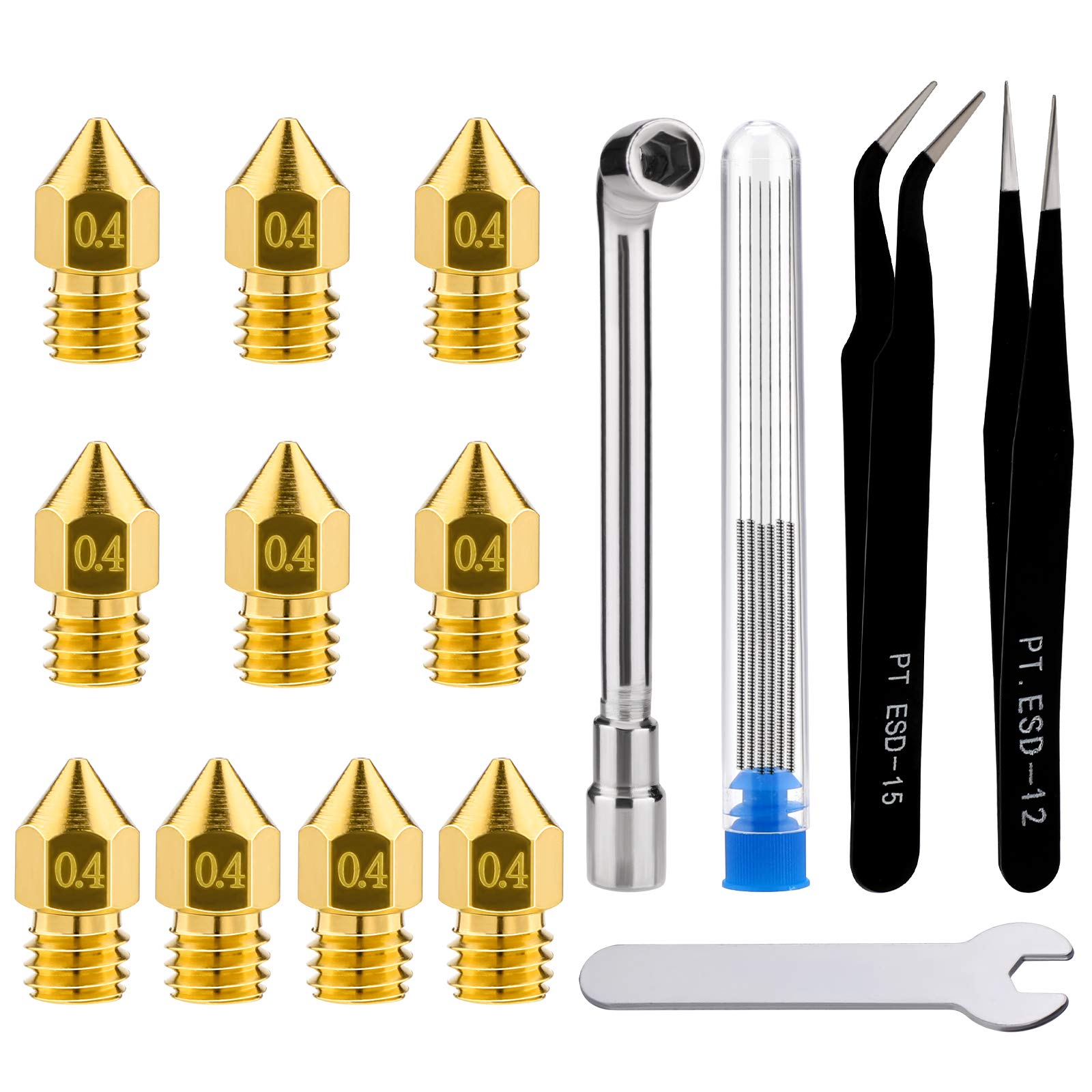 LUTER 3D Printer Nozzle Cleaning Kit - 10PCS 0.4mm MK8 Extruder Nozzles + 5PCS Stainless Steel Cleaning Needles + Tweezers & Wrenches for 3D Printing Maintenance | Perfect for Creality Ender 3, CR-10, Prusa & More | DIY Repair & Filament Unclogging